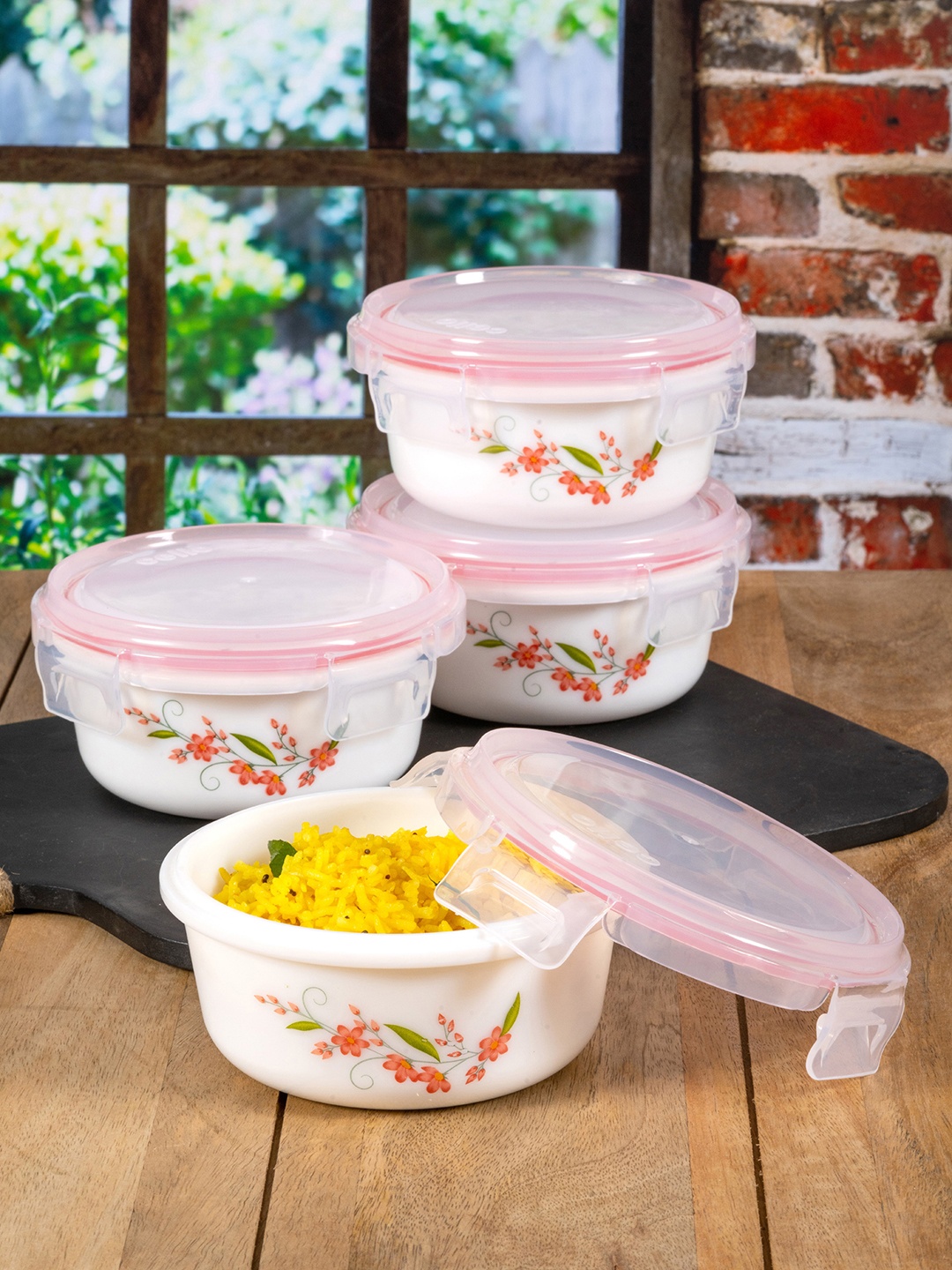 

Cello Set of 4 White & Pink Printed Glass Container Kitchen Storage