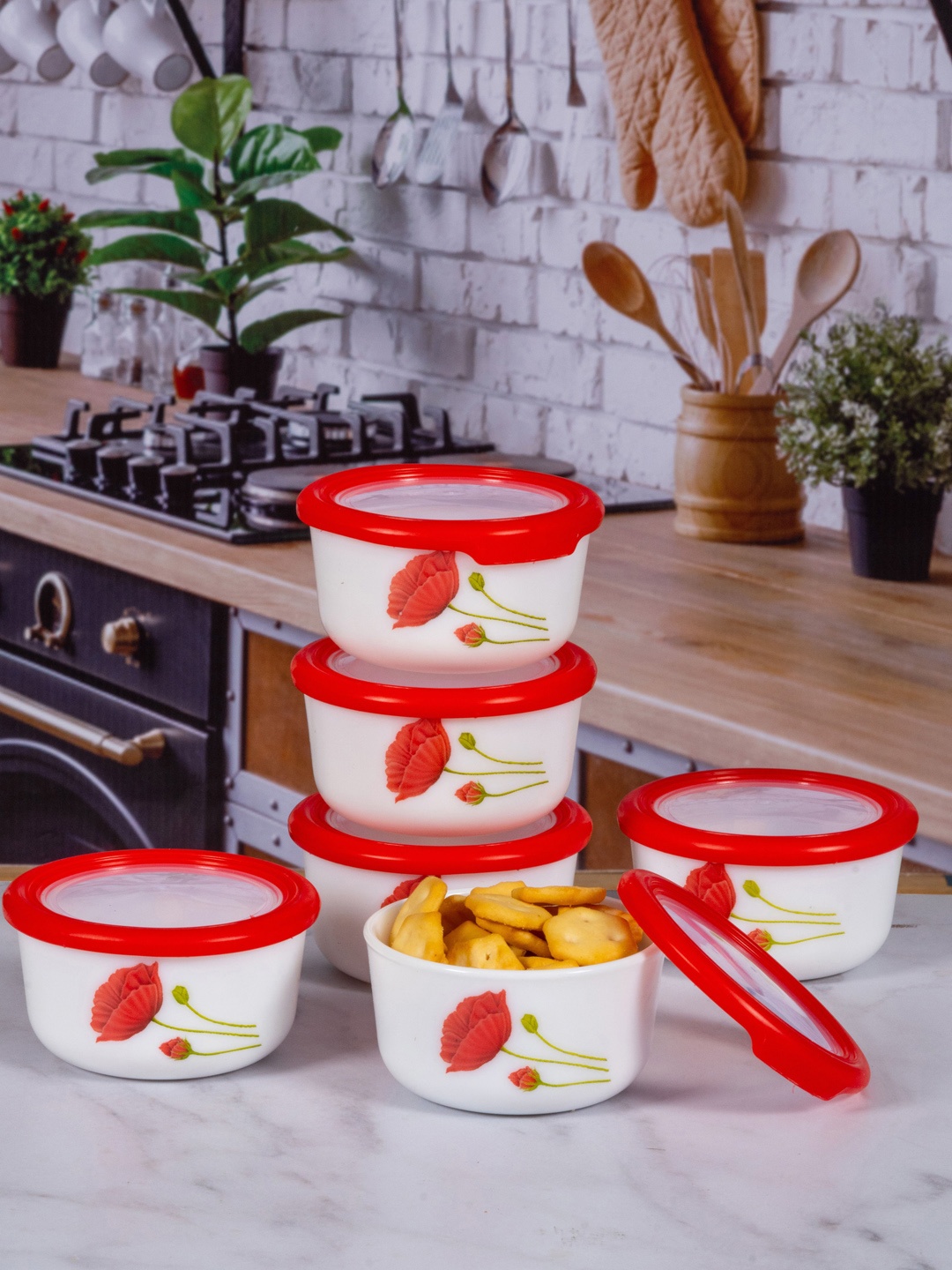 

Cello Set Of 6 White & Red Printed Storage Jar With Lid