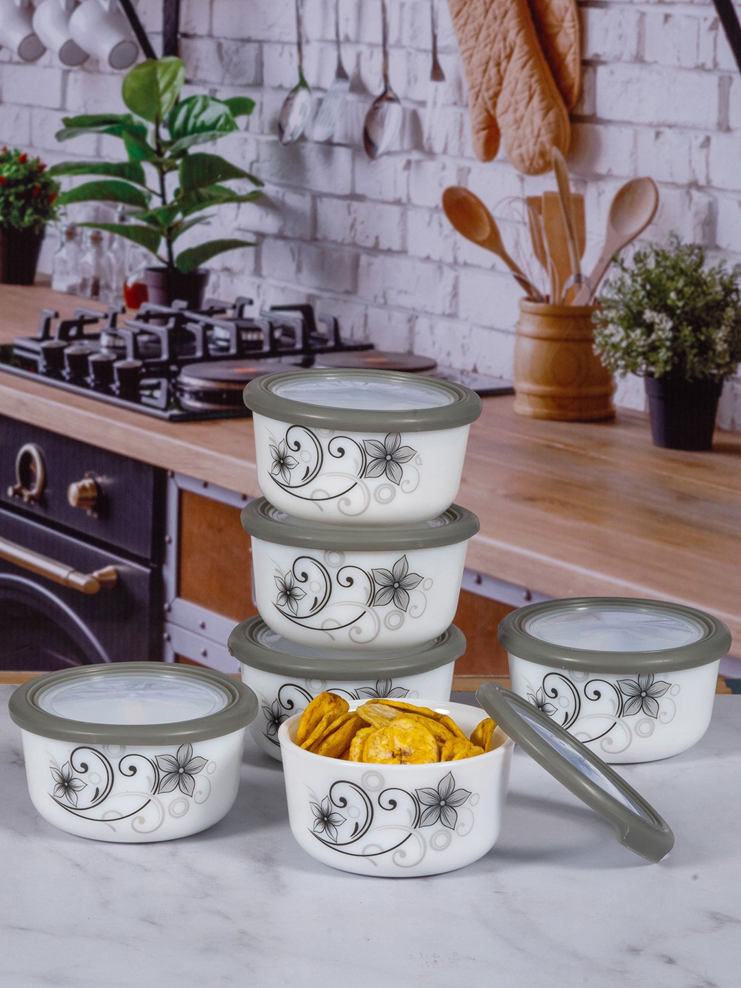 

Cello Set Of 12 White Printed Storage Containers with Lid