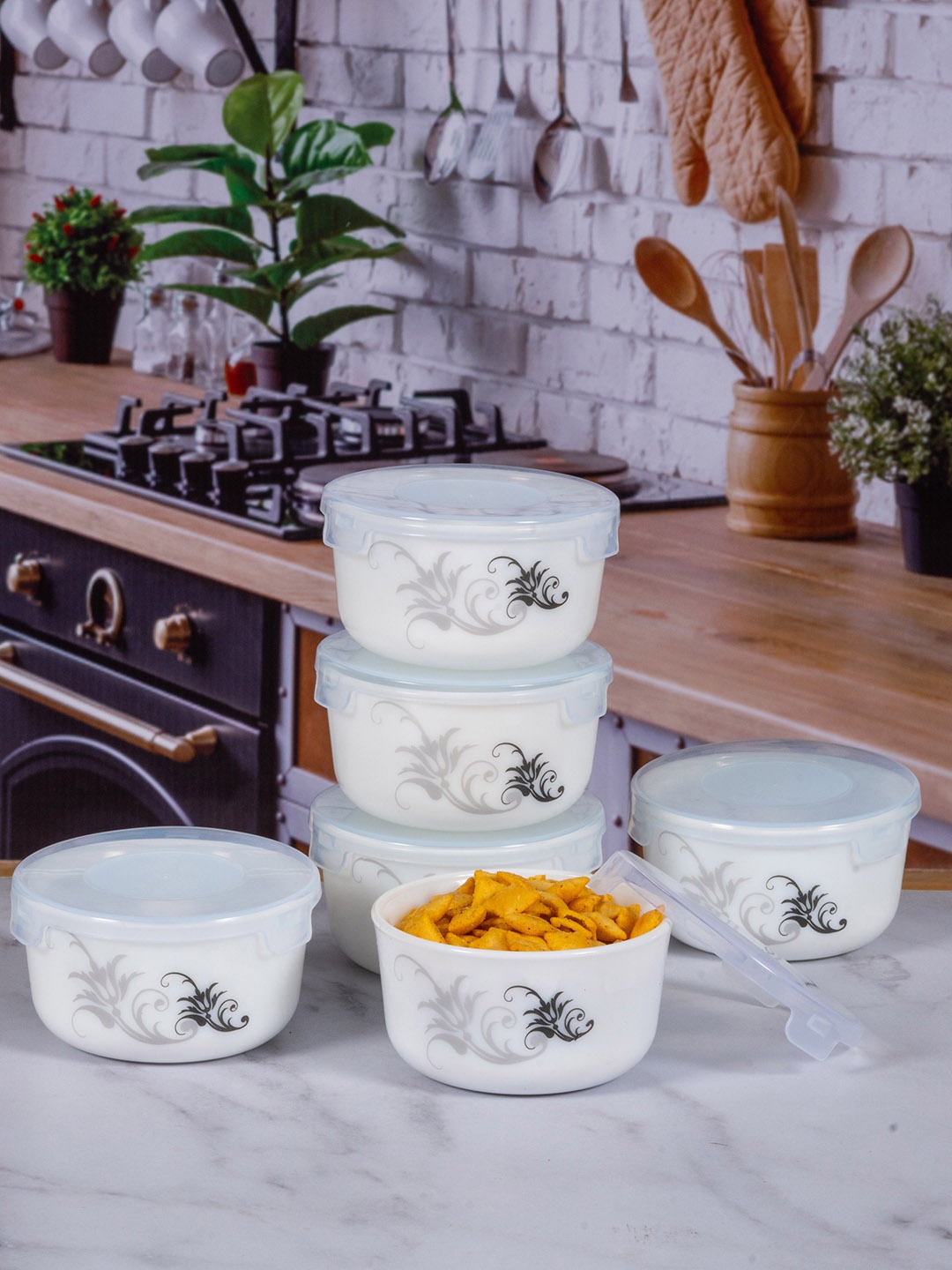 

Cello Set of 6 White Printed Storage Container With Lid
