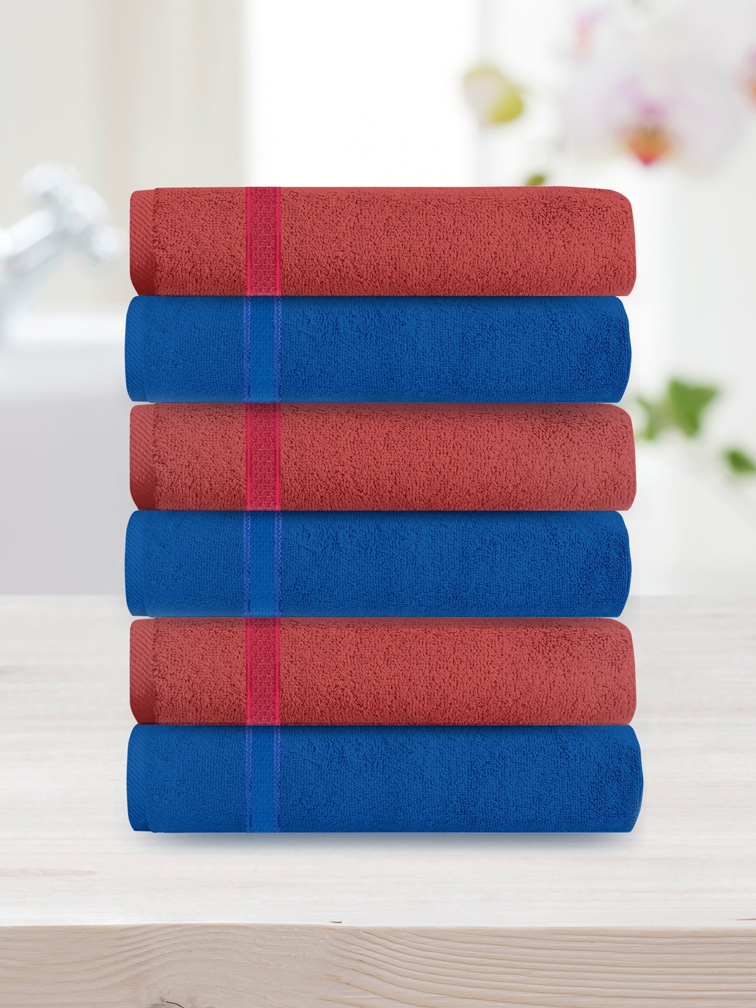 

Athome by Nilkamal Set Of 6 Blue & Red Solid 370 GSM Cotton Face Towels, Pink