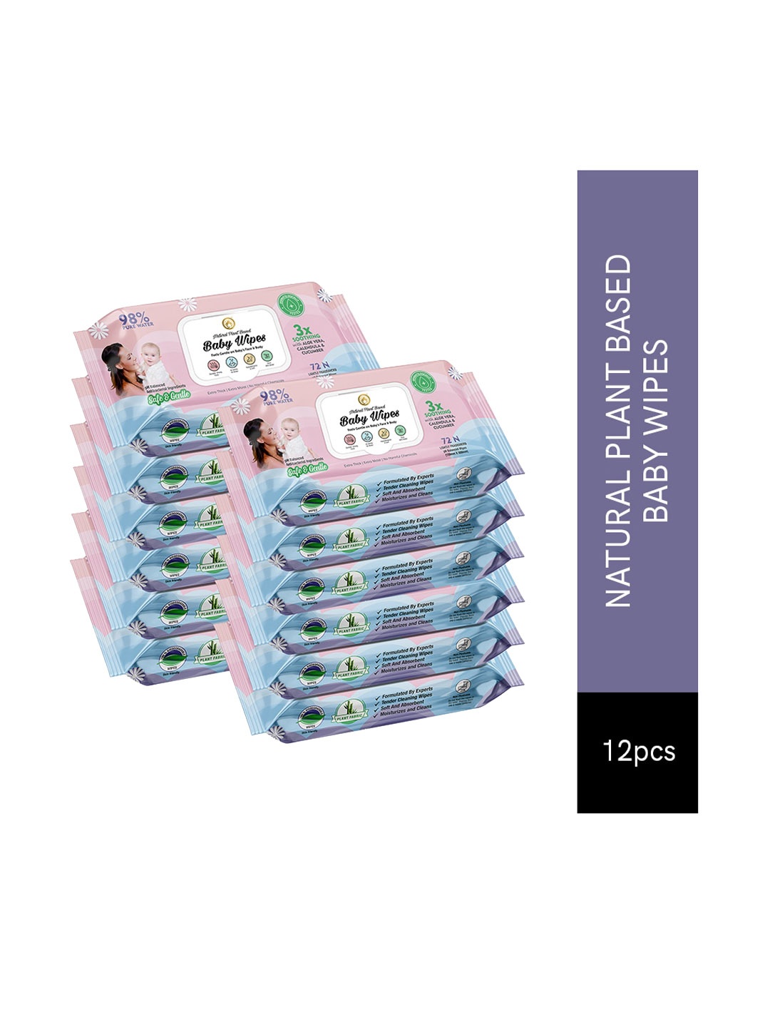 

Mom & World Set of 12 Pure Water Plant-Based Extra Moist Baby Wipes - 72 Pulls each, Pink