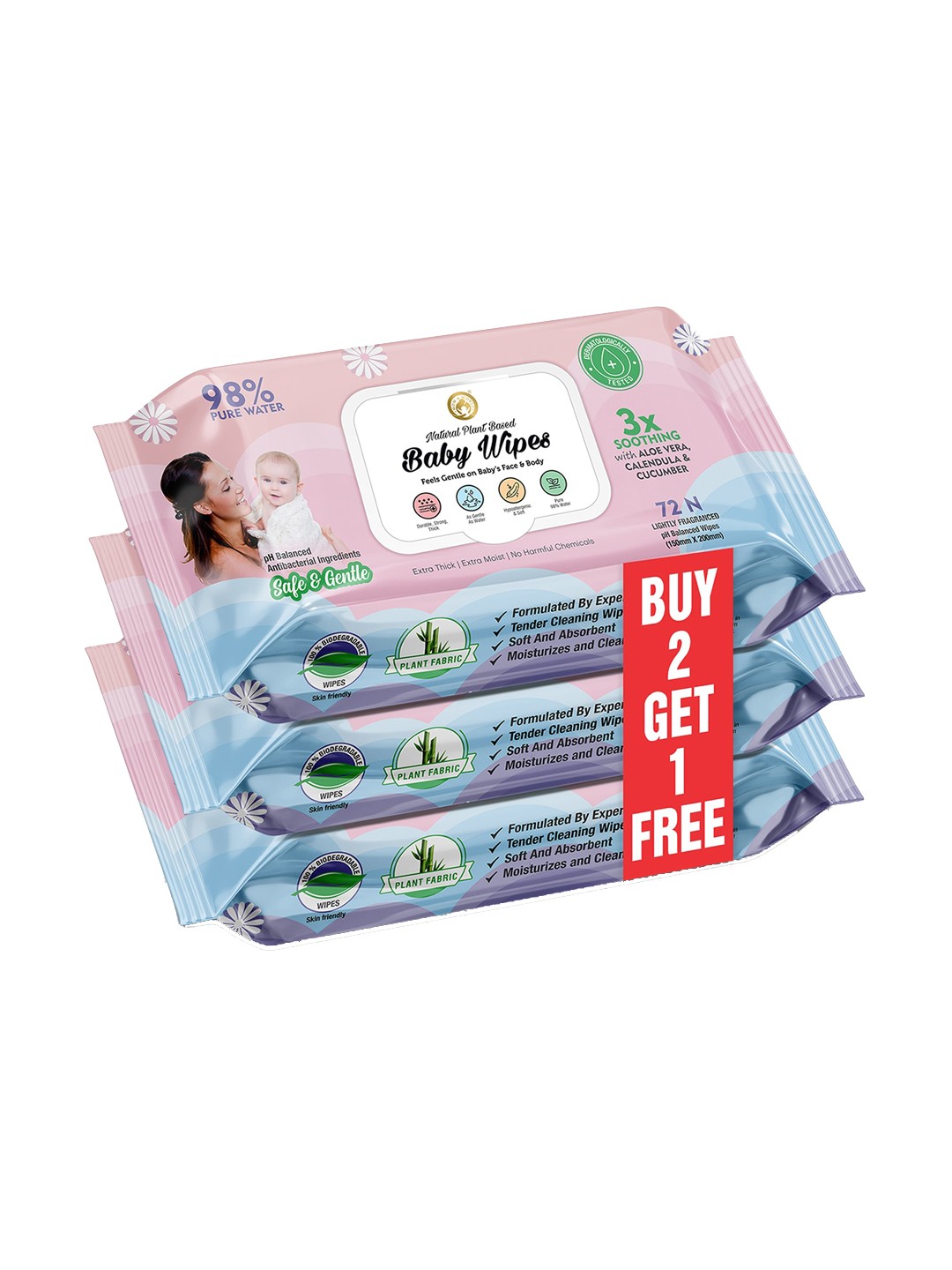 

Mom & World Set of 3 Pure Water Plant-Based Extra Moist Baby Wipes - 72 Pulls each, Pink
