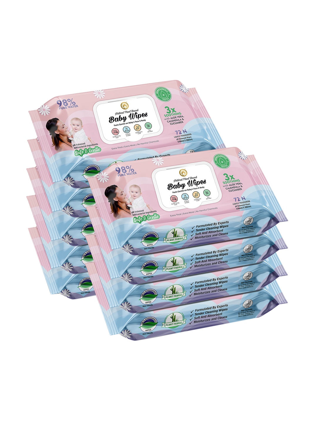 

Mom & World Set of 9 Natural 98% Pure Water Baby Wipes - 72 Wipes Each, Pink