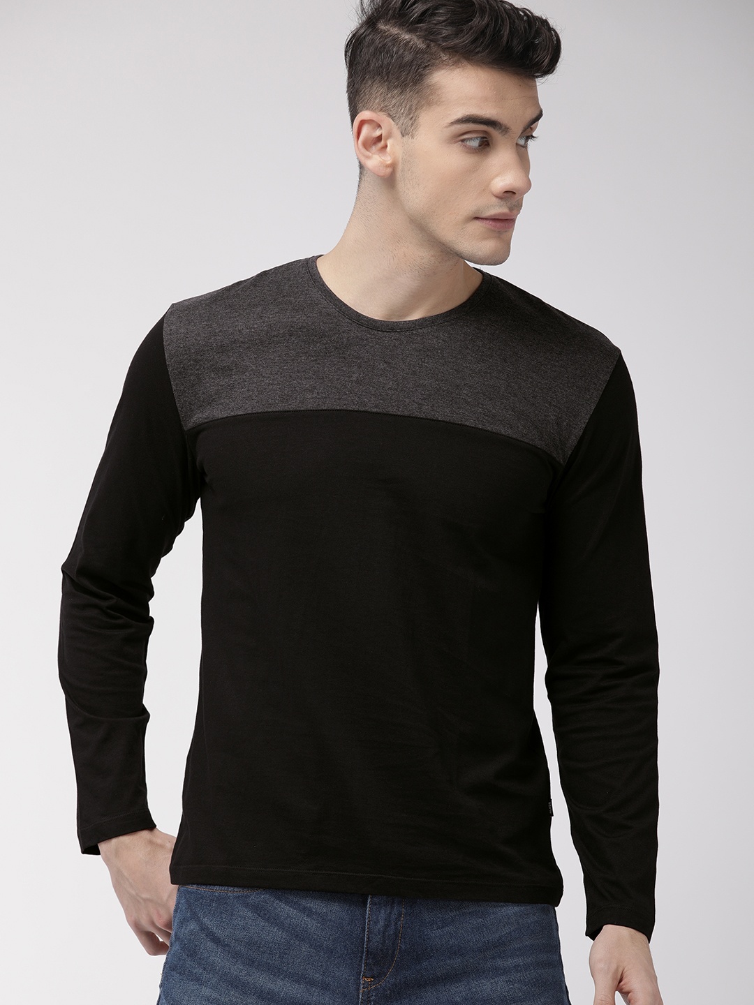 

HIGHLANDER Men Charcoal Grey Black Colourblocked Round Neck Pure Cotton T-shirt