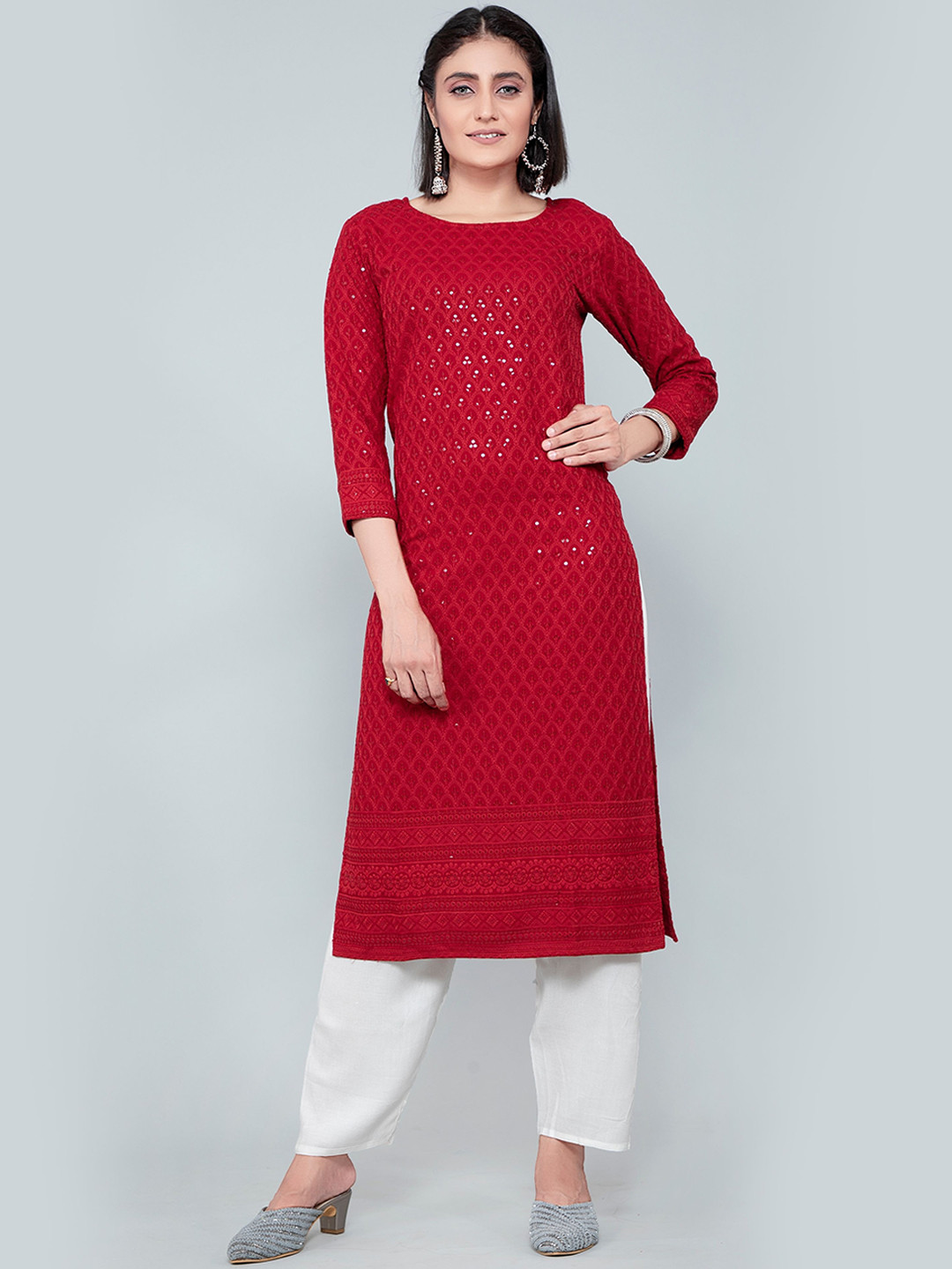

POONAM DESIGNER Women Maroon Geometric Kurta