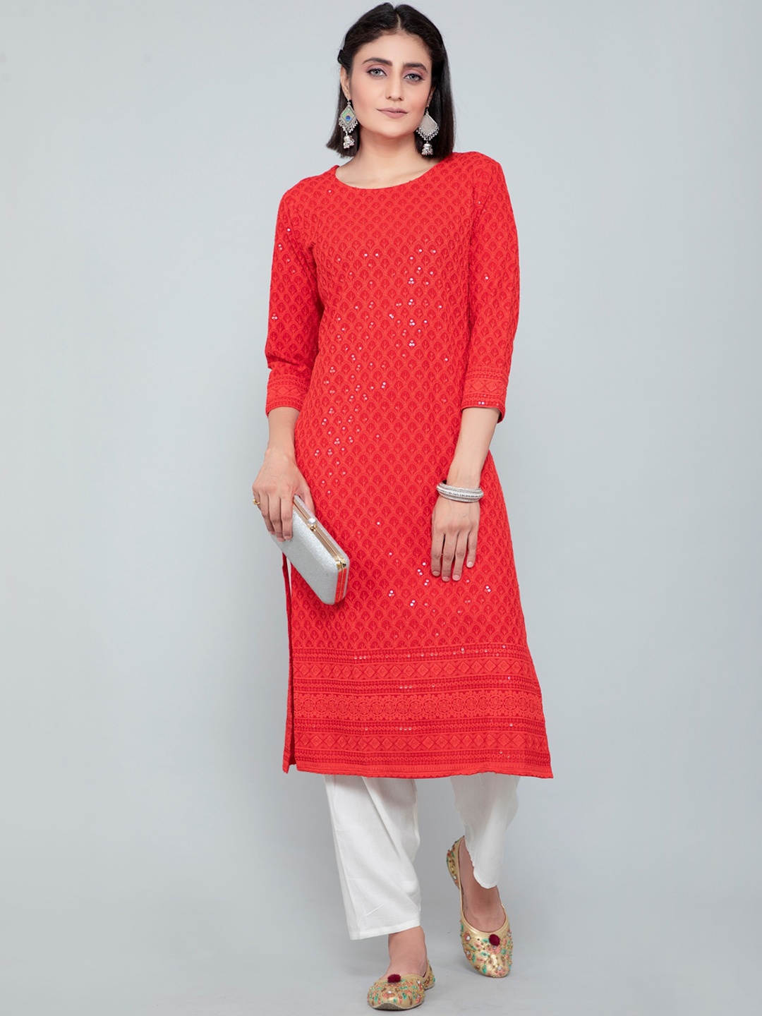 

POONAM DESIGNER Women Red Sequined Round Neck Embroidered Kurta