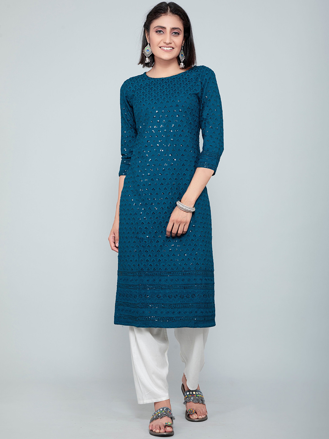 

POONAM DESIGNER Women Teal Geometric Sequin Embroidered Kurta