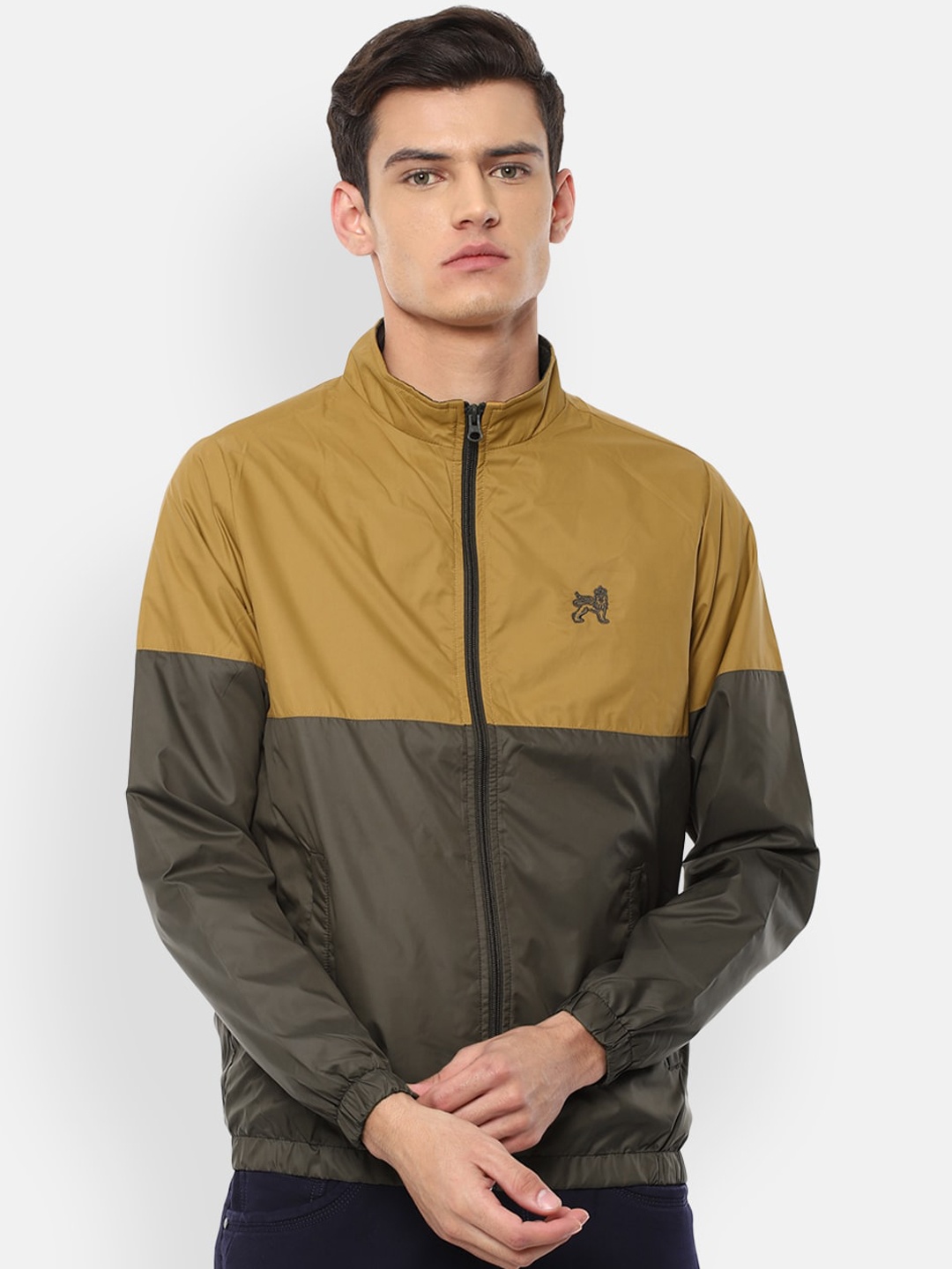 

Van Heusen ACADEMY Men Olive Green Colourblocked Bomber Jacket