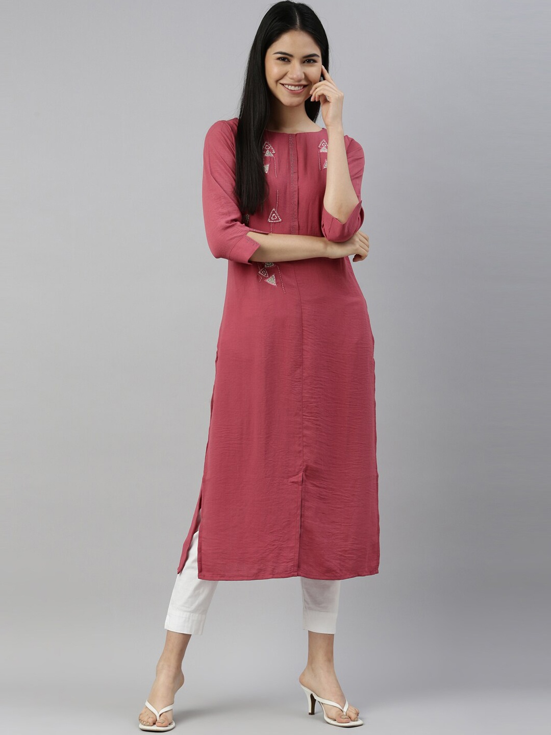 

Neerus Women Pink Yoke Design Thread Work Crepe Kurta