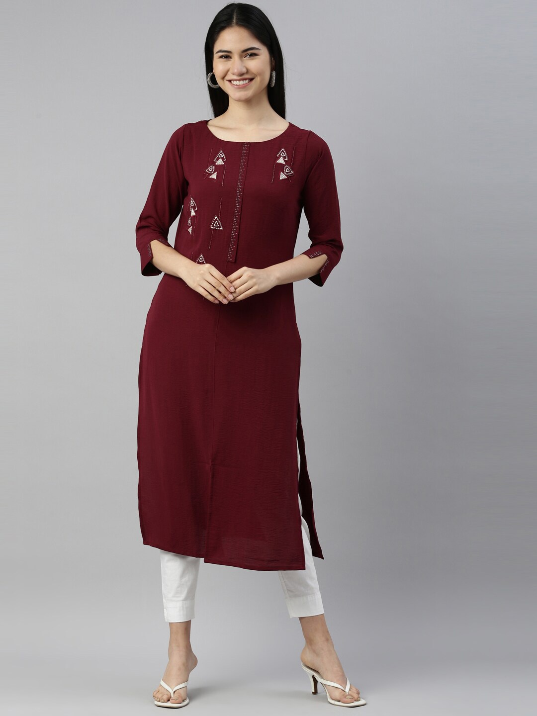 

Neerus Women Red Yoke Design Thread Work Regular Straight Kurta