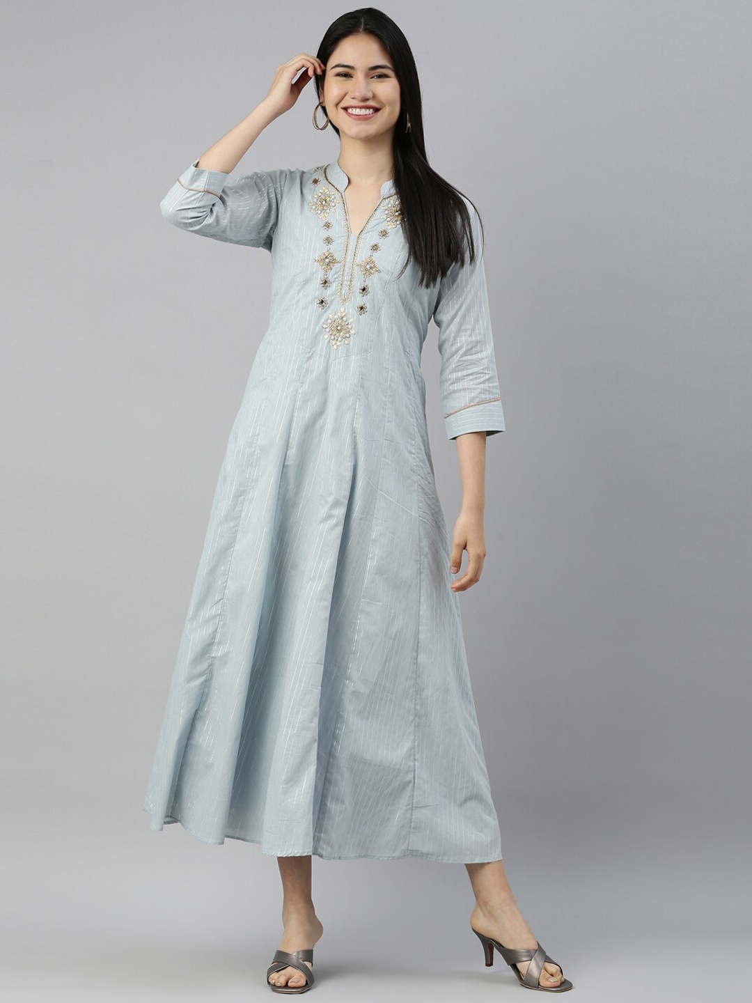 

Neerus Women Grey Yoke Design Thread Work Satin Anarkali Kurta