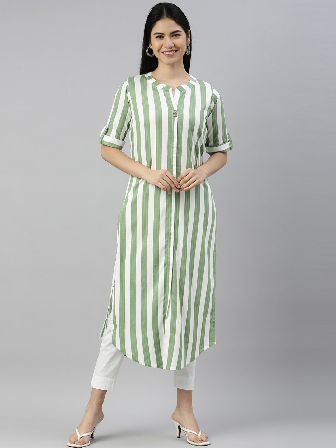 

Neerus Women Olive Green & White Striped Kurta