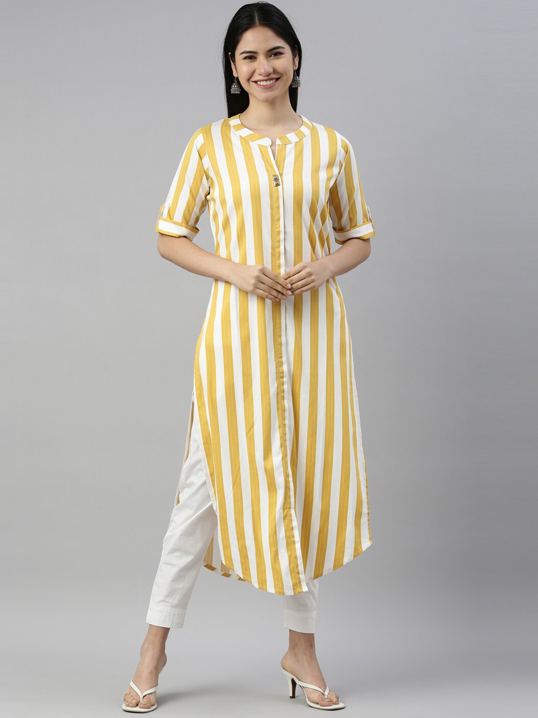 

Neerus Women Yellow Striped Kurta