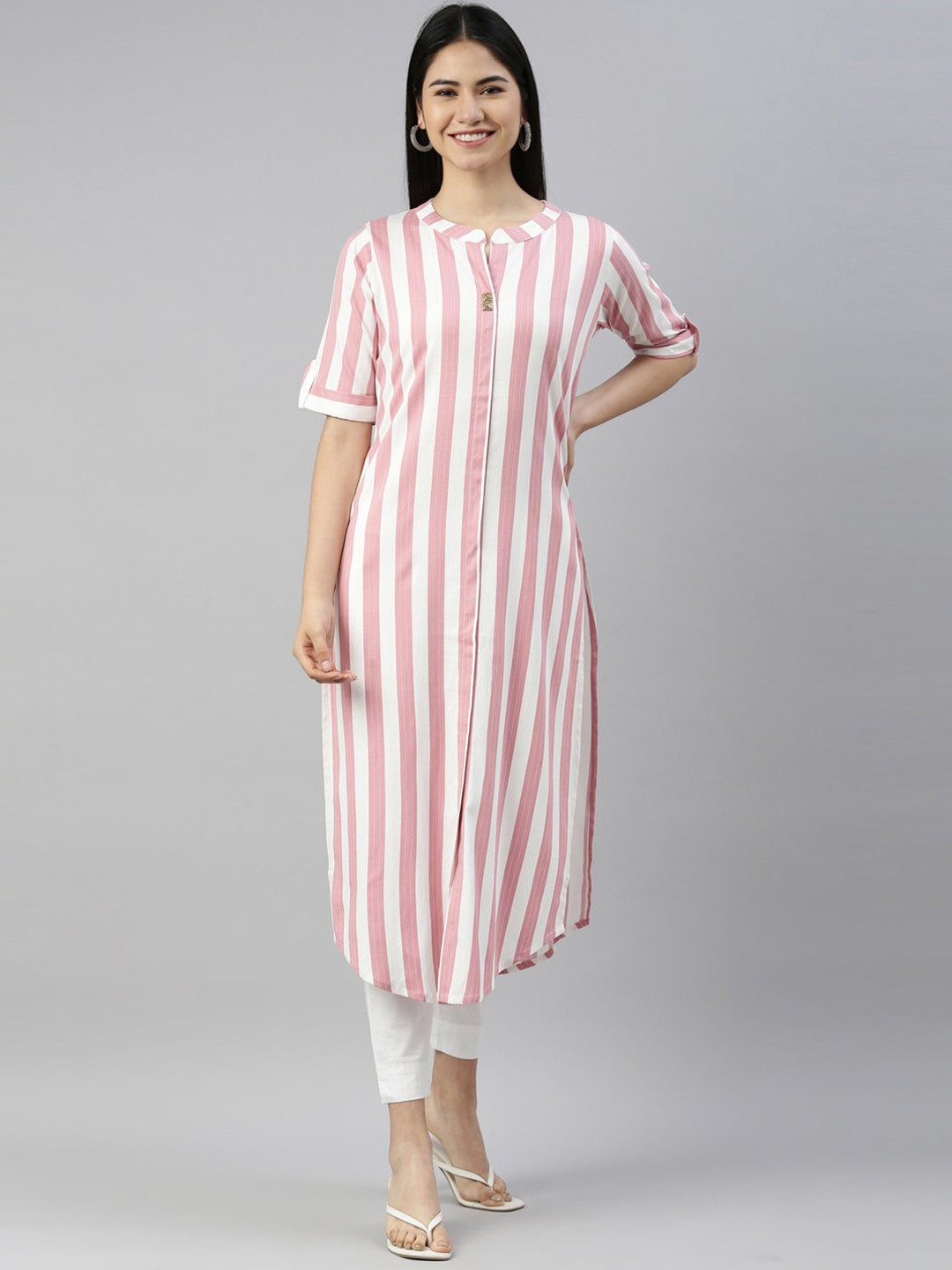 

Neerus Women Pink & White Striped Thread Work Kurta