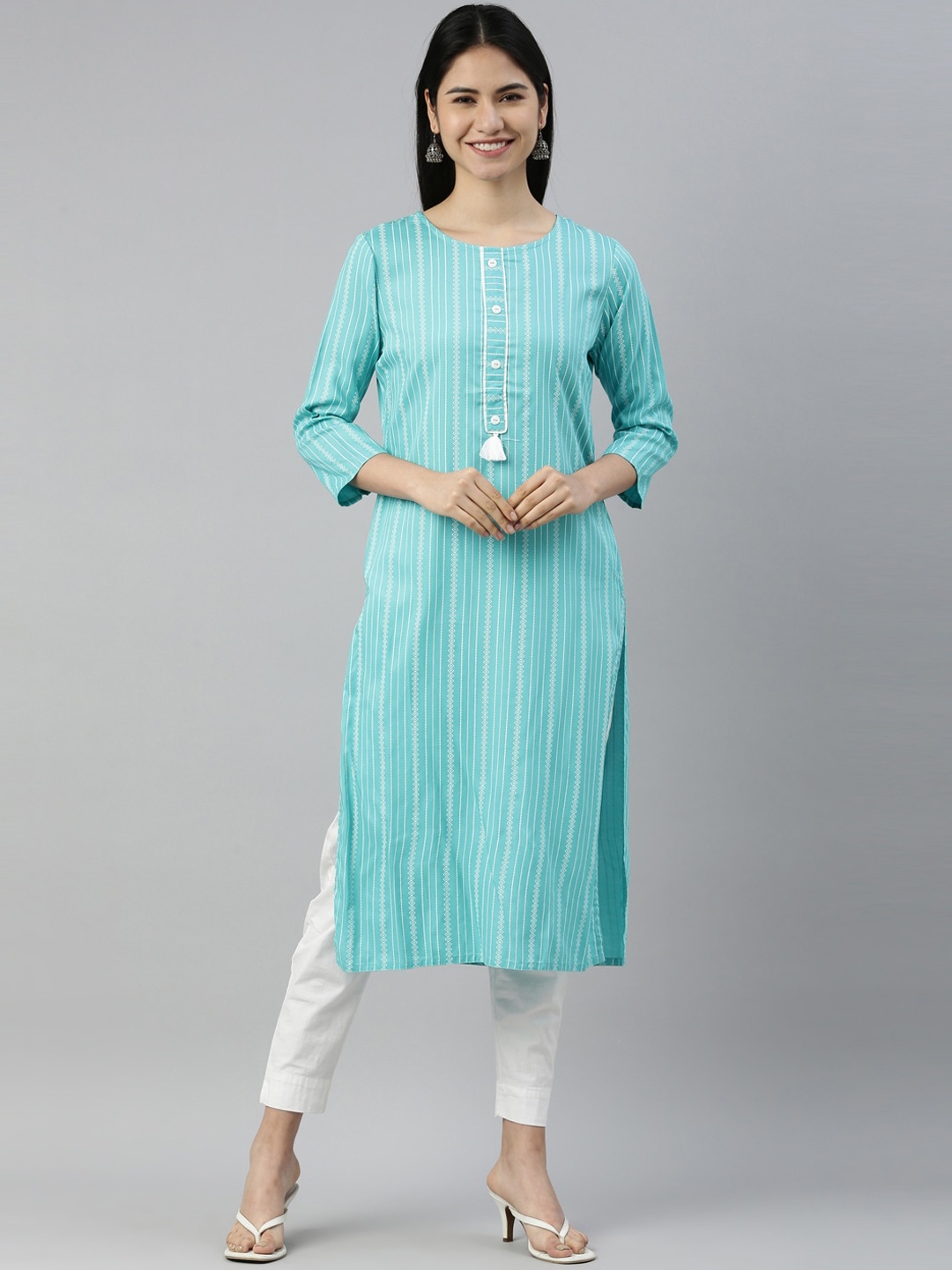 

Neerus Women Sea Green Striped Printed Round Neck Kurta