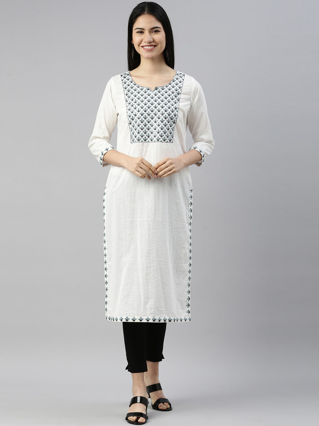

Neerus Women White Yoke Embroidered Thread Work Kurta