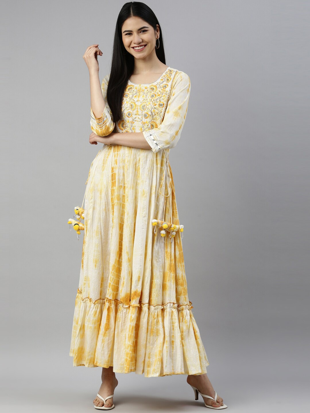 

Neerus Women Mustard Yellow Chanderi Silk Anarkali Kurta