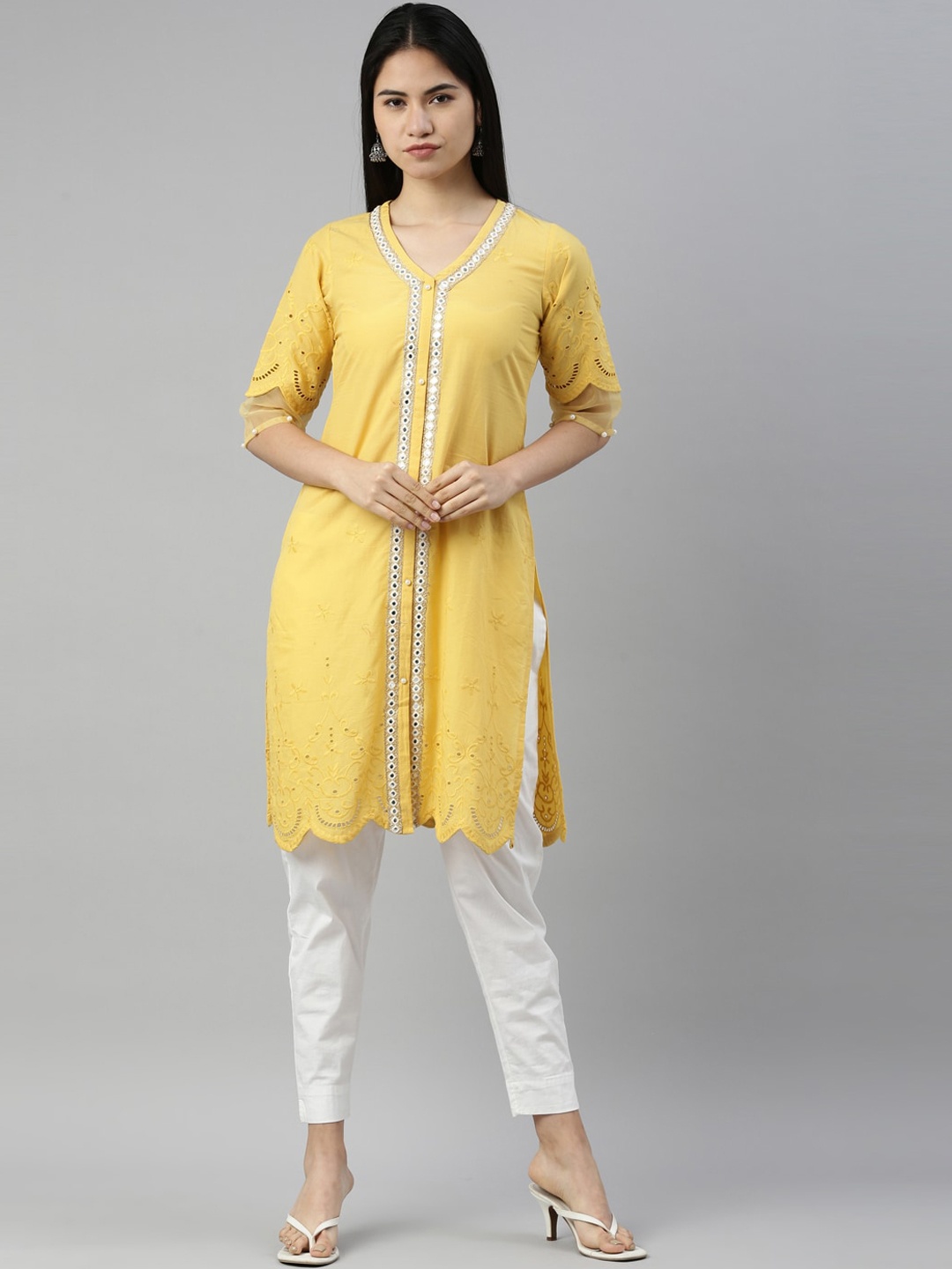 

Neerus Women Yellow Geometric Mirror Work Kurta