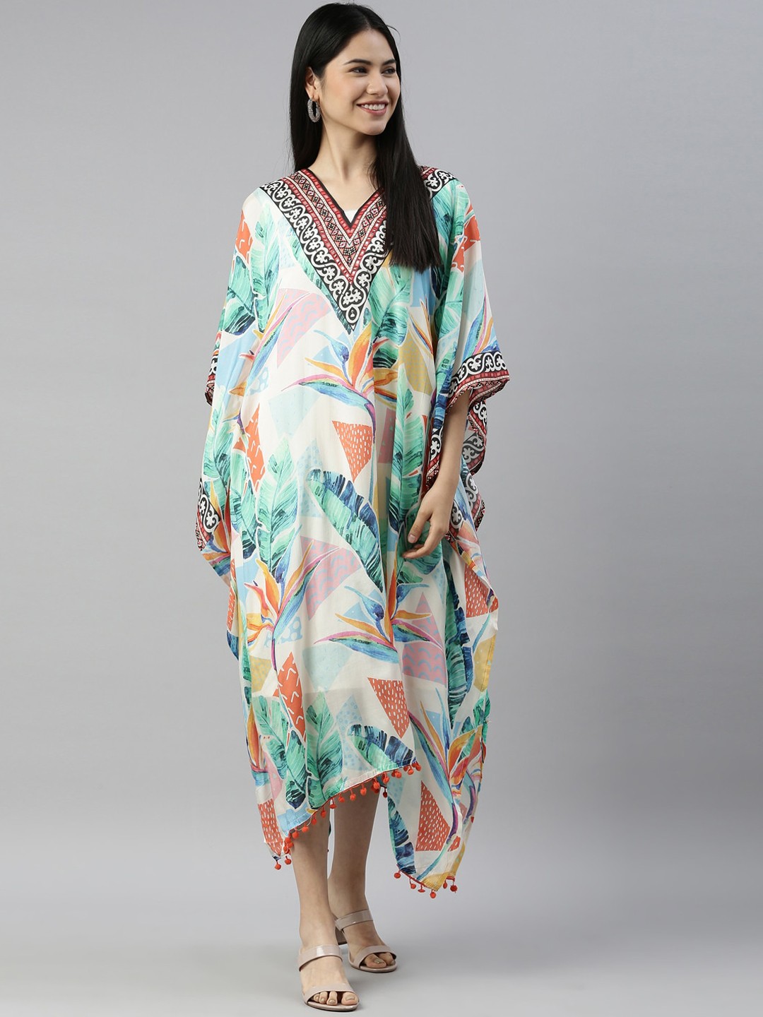 

Neerus Women Cream-Coloured & Green Printed Flared Sleeves Satin Kaftan Kurta