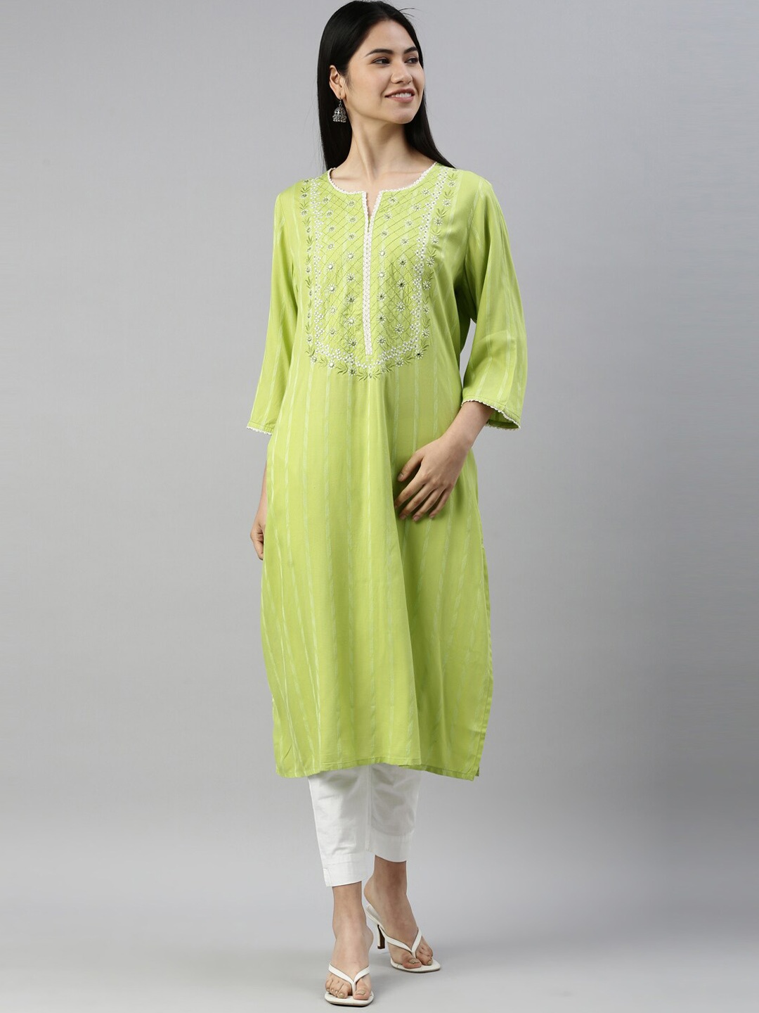 

Neerus Women Green Ethnic Motifs Yoke Design Thread Work Kurta