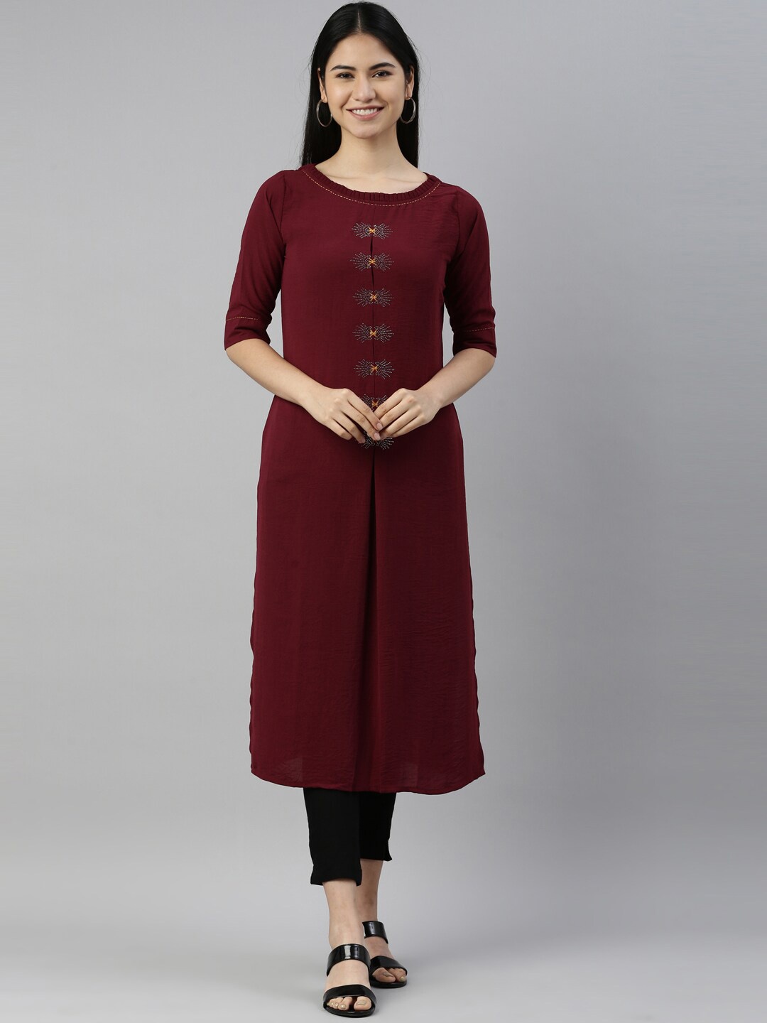 

Neerus Women Wine Embellished Round Pleated Neck Kurta, Red