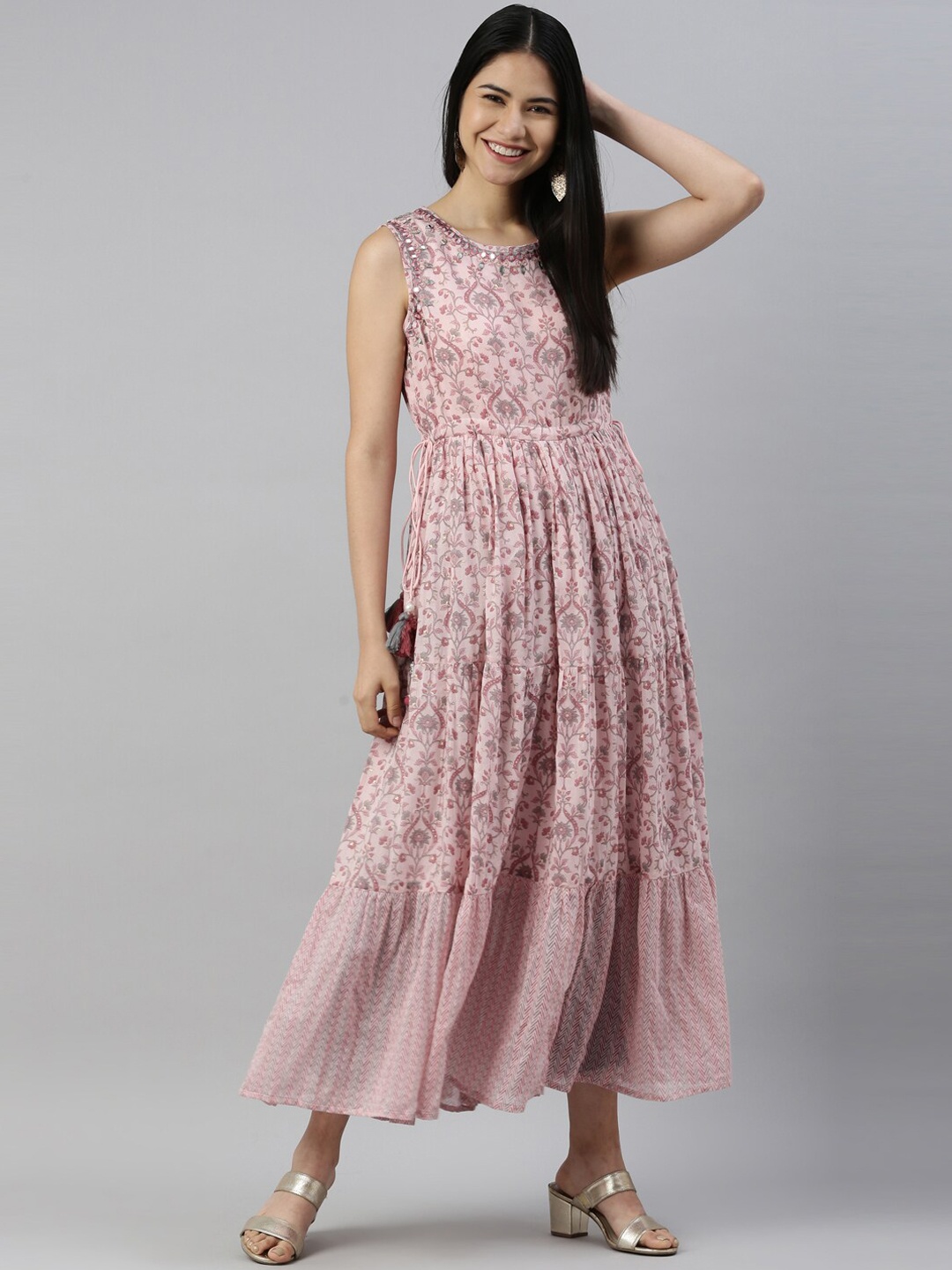 

Neerus Women Baby Pink Floral Printed Thread Work Sleeveless Anarkali Kurta, Peach