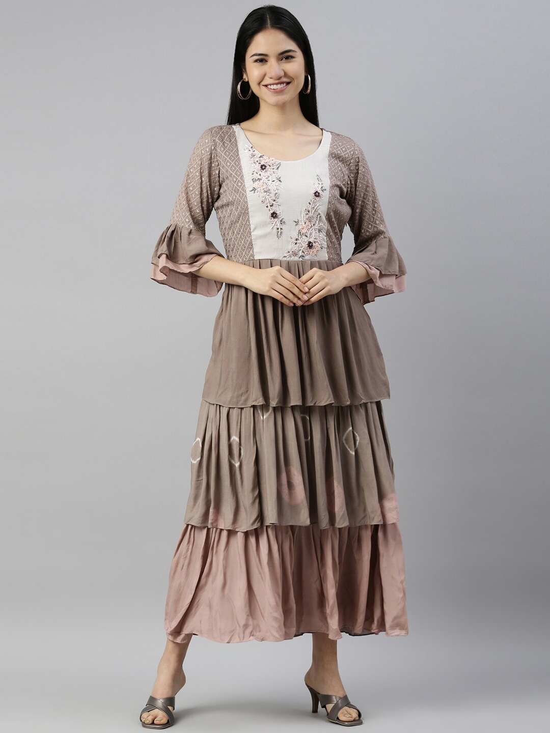 

Neerus Women Brown Yoke Design Flared Sleeves Zardozi Anarkali Kurta