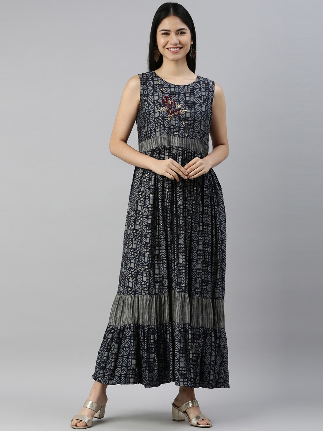 

Neerus Women Navy Blue Geometric Embroidered Anarkali Kurta