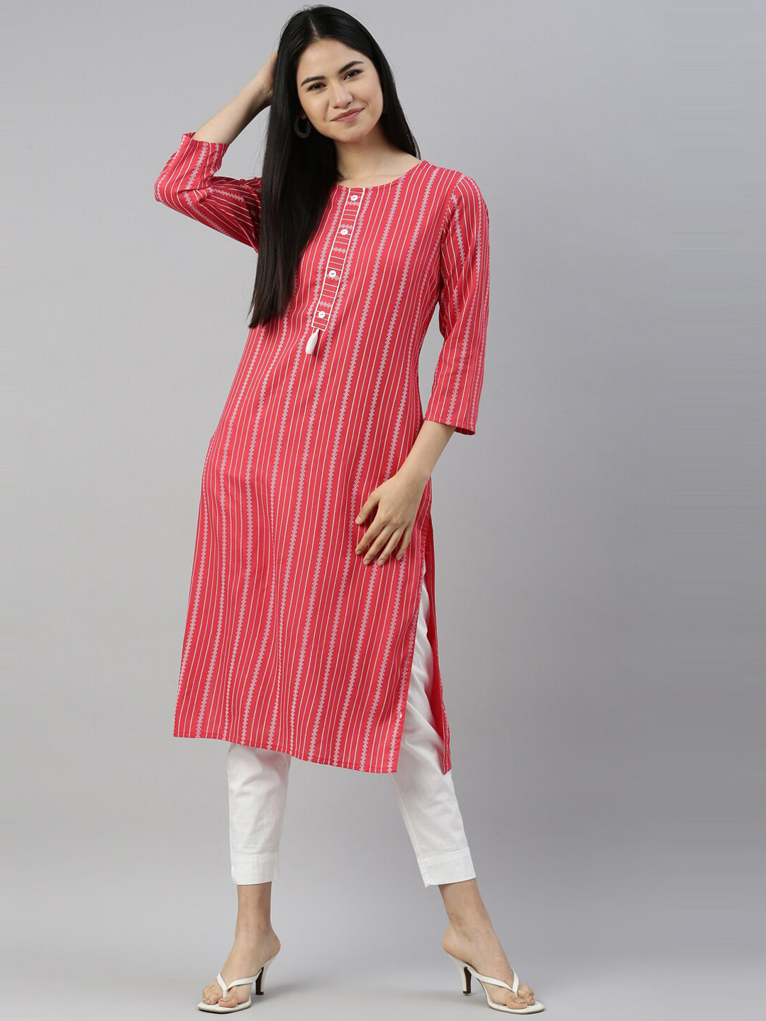 

Neerus Women Red Striped Print Straight Kurta