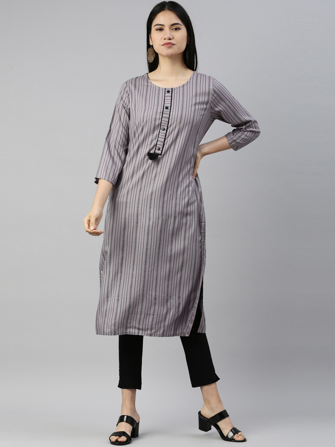 

Neerus Women Grey Striped Printed Regular Straight Kurtas