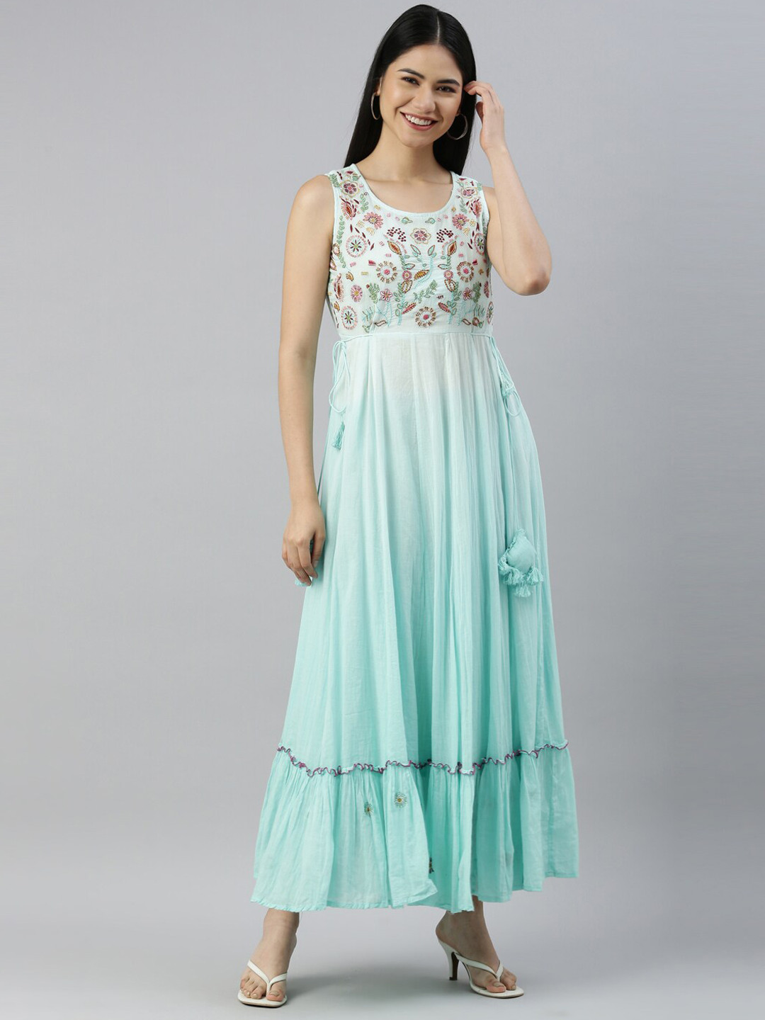 

Neerus Women Turquoise Blue Geometric Embroidered Anarkali Kurta