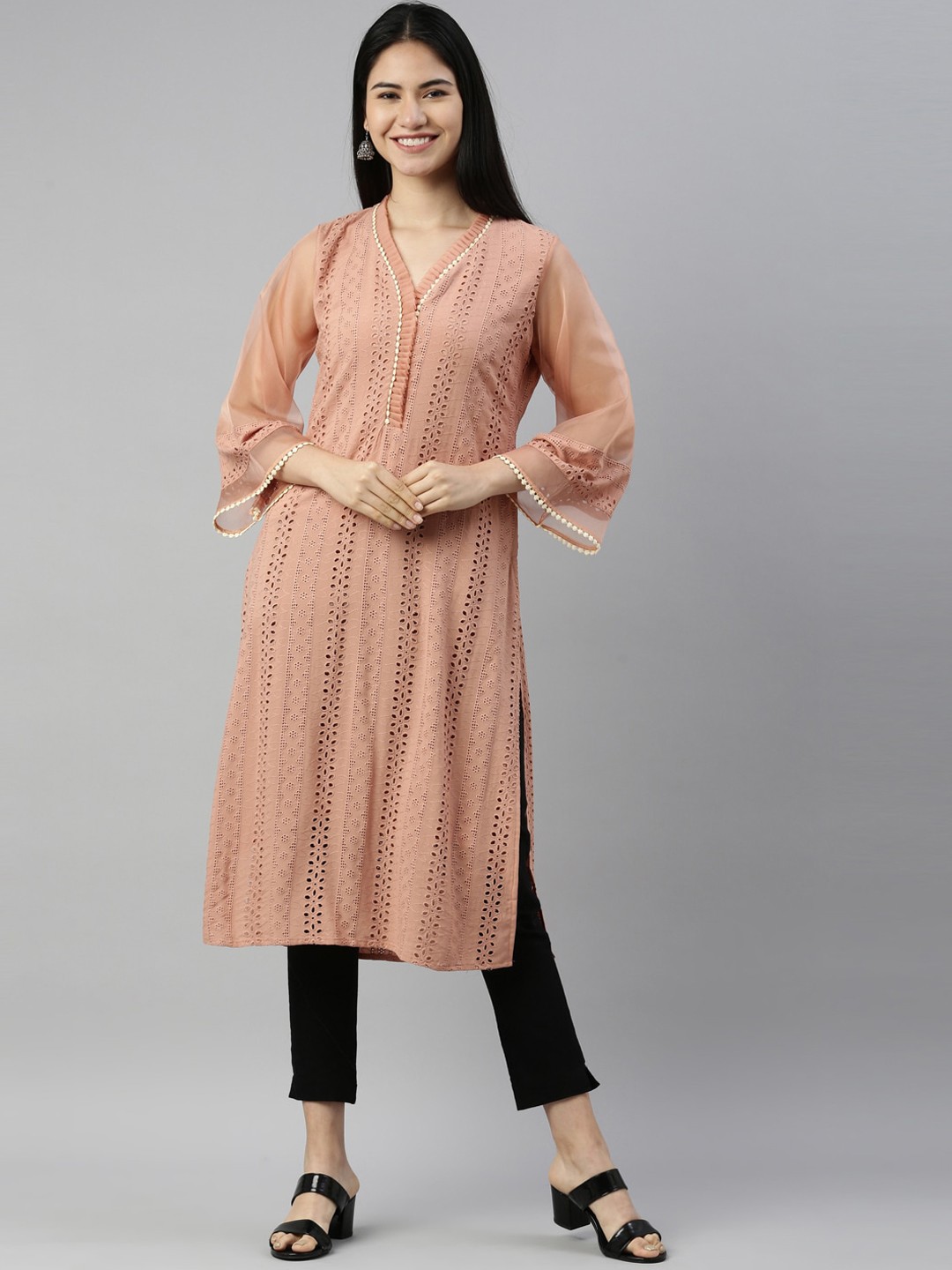 

Neerus Women Peach-Coloured Flared Sleeves Thread Work Kurta