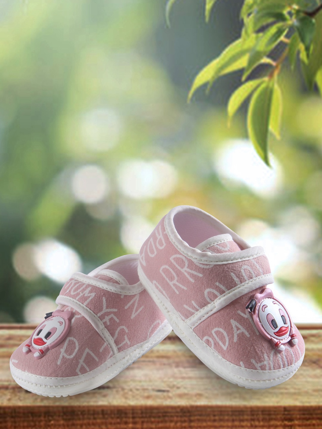 

Baby Moo Infant Kids Mauve-Colored Printed Non-Slip Booties With Strap Organic Cotton Shoes