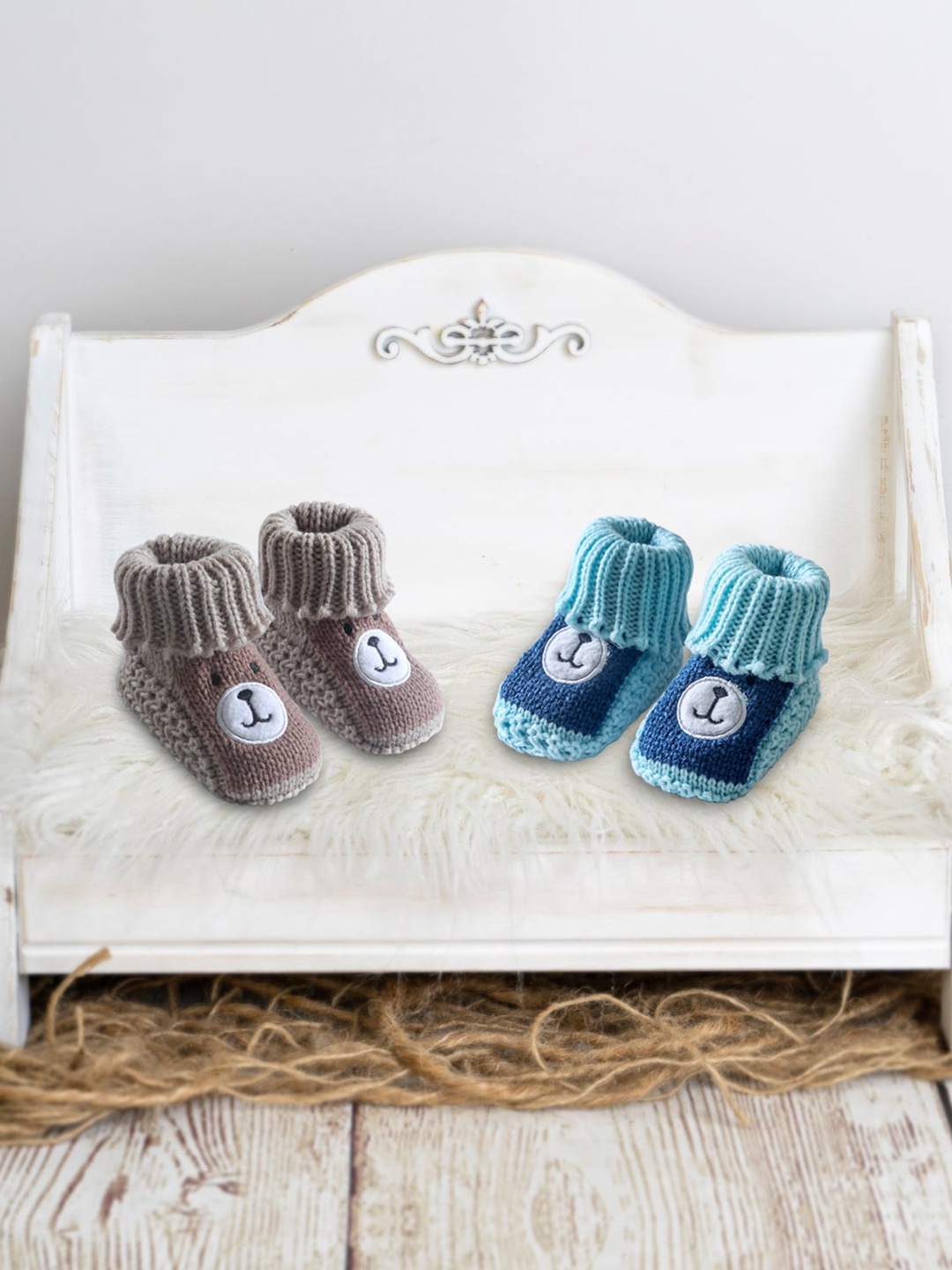 

Baby Moo Infant Pack of 2 Blue & Beige Solid Crochet Socks Organic Cotton Booties