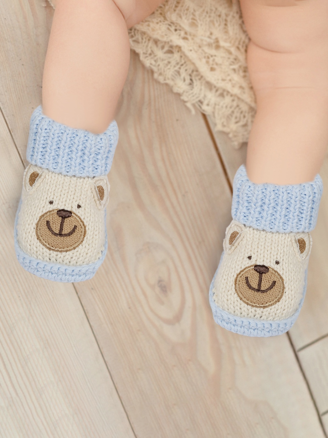 

Baby Moo Infant Kids Blue Printed Crochet Socks Organic Cotton Booties