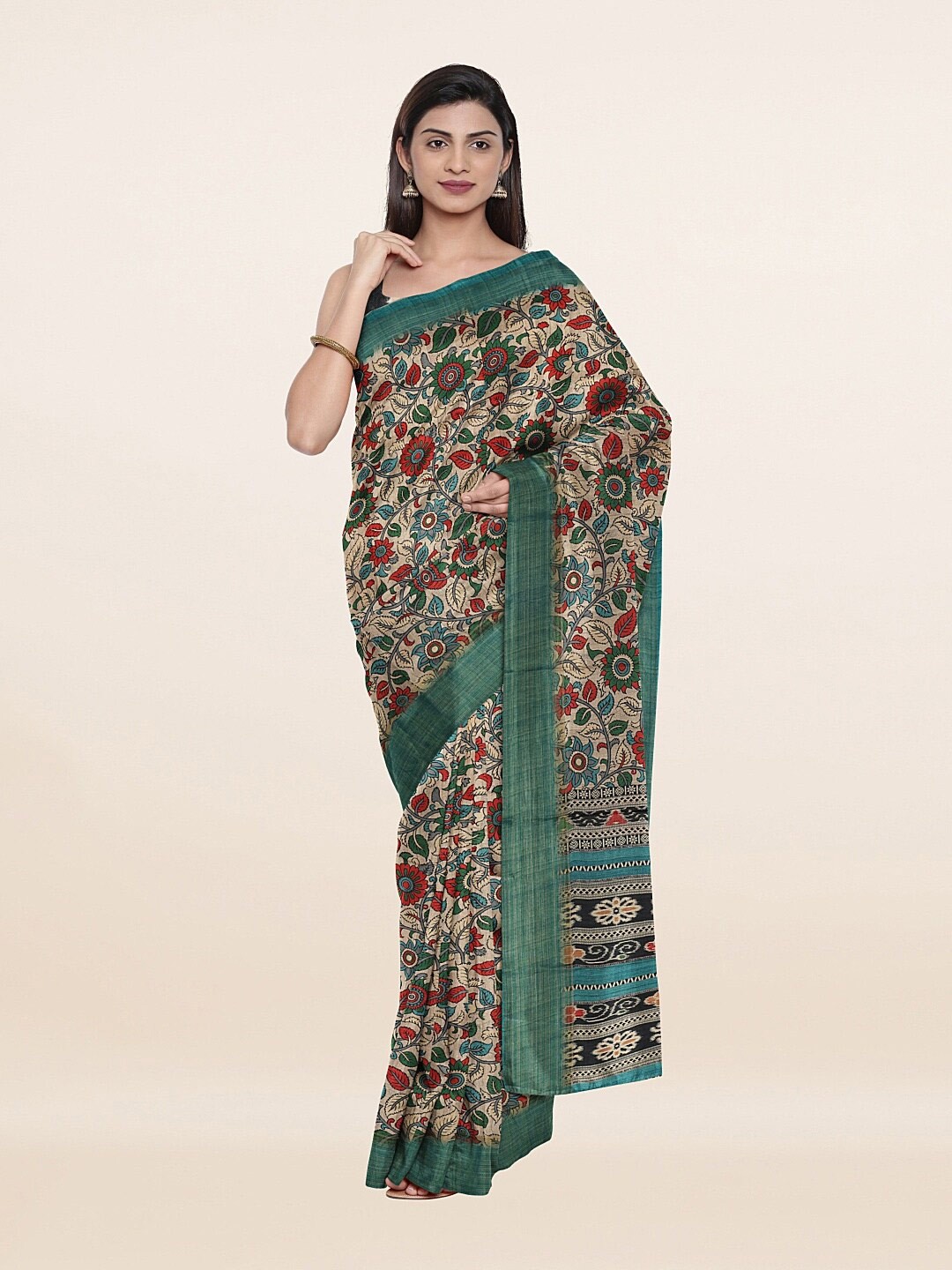 

Pothys Cream-Coloured & Green Floral Art Silk Saree