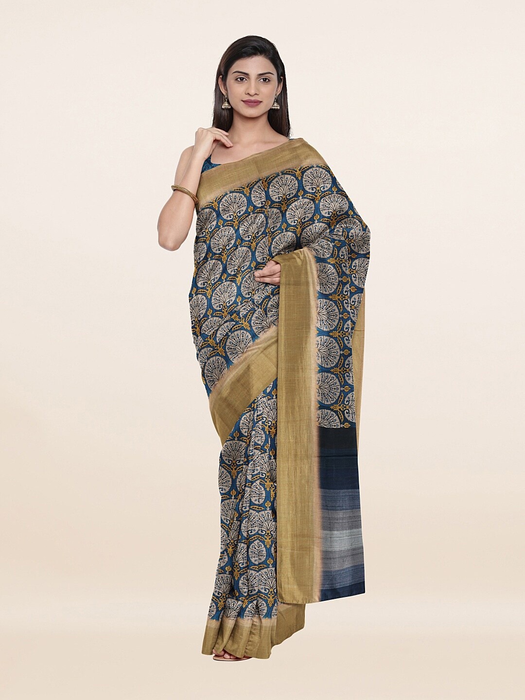

Pothys Blue & Gold-Toned Floral Art Silk Saree