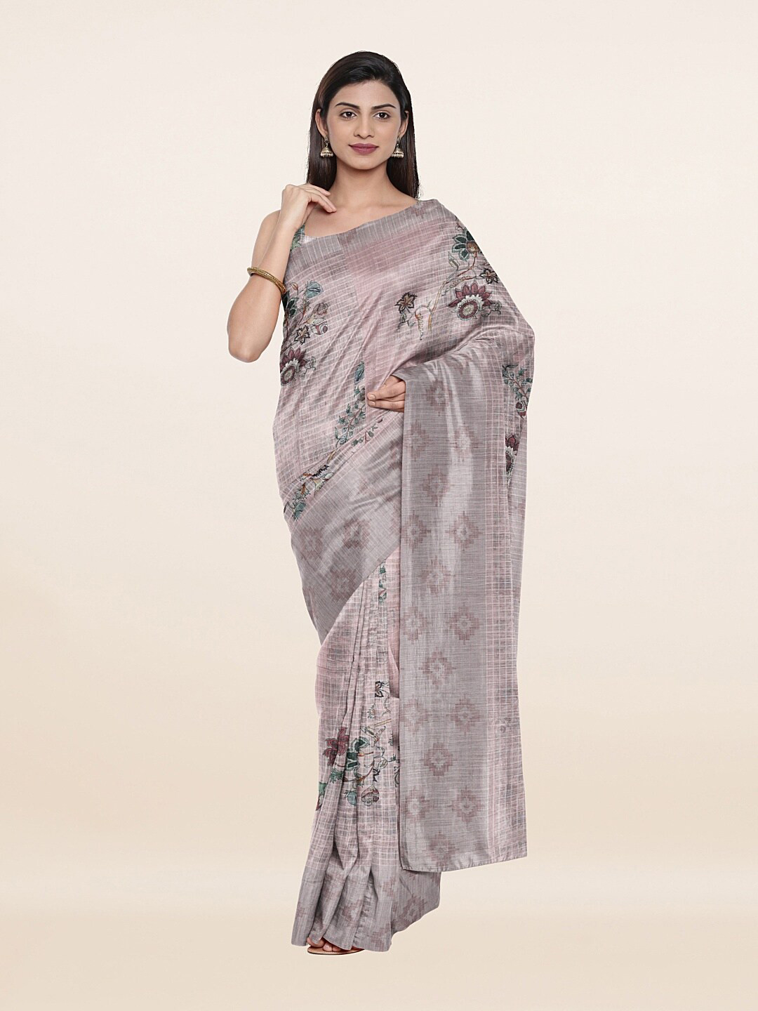 

Pothys Pink Floral Zari Pure Linen Saree