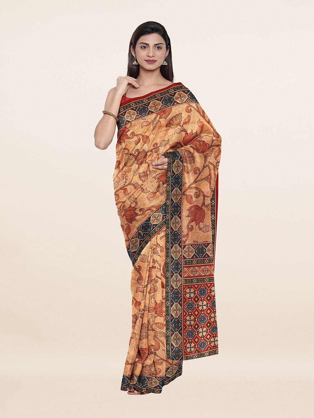 

Pothys Peach-Coloured & Navy Blue Floral Zari Art Silk Saree