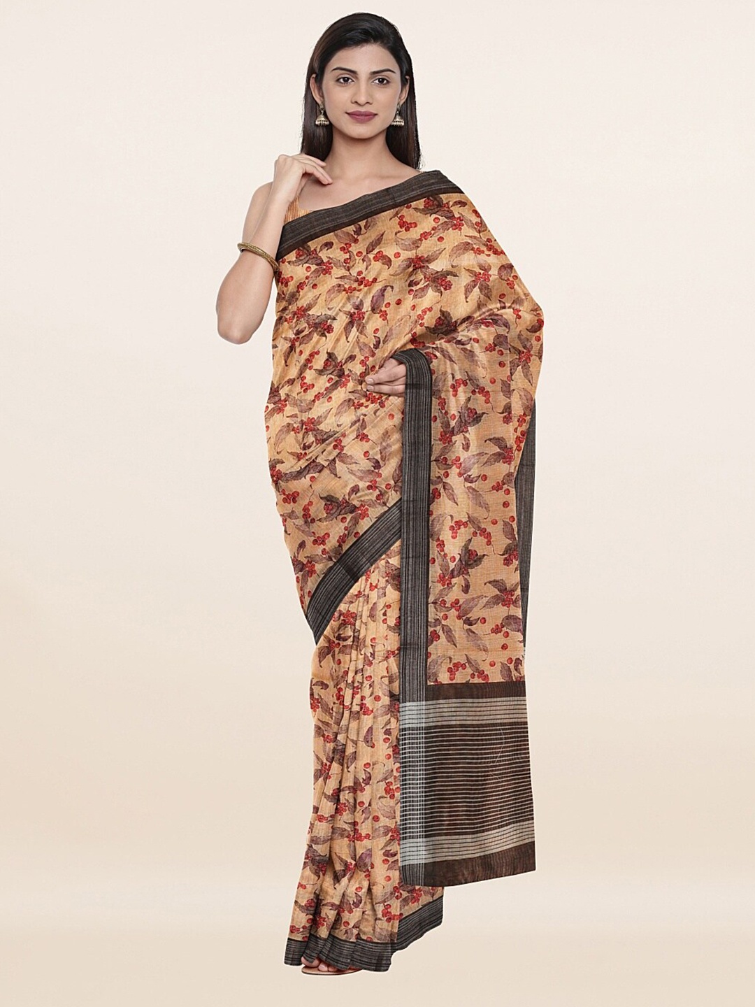 

Pothys Peach-Coloured & Brown Floral Zari Art Silk Saree