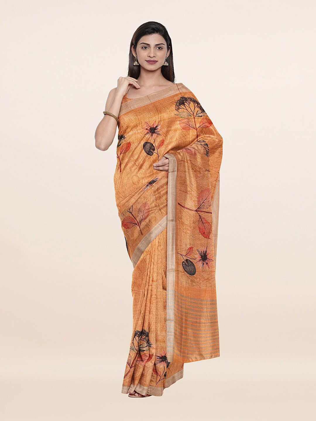 

Pothys Peach-Coloured & Blue Floral Art Silk Saree