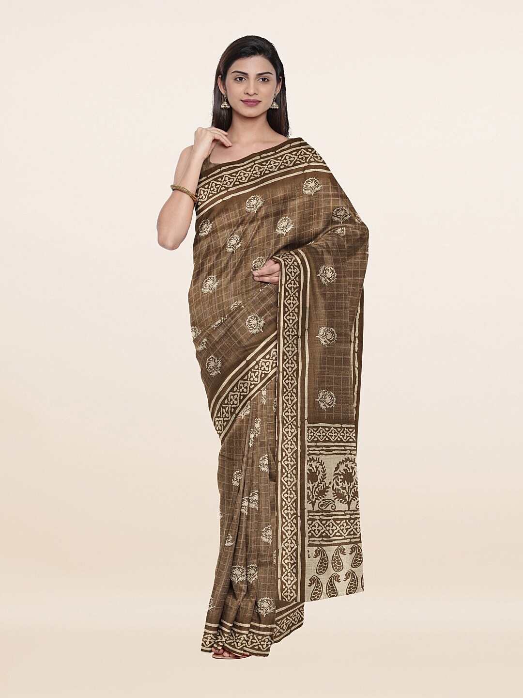 

Pothys Khaki & Beige Floral Zari Art Silk Saree