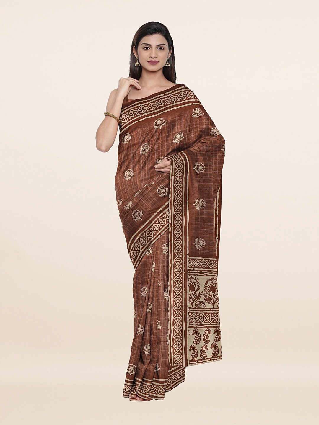 

Pothys Brown & Cream-Coloured Floral Art Silk Saree