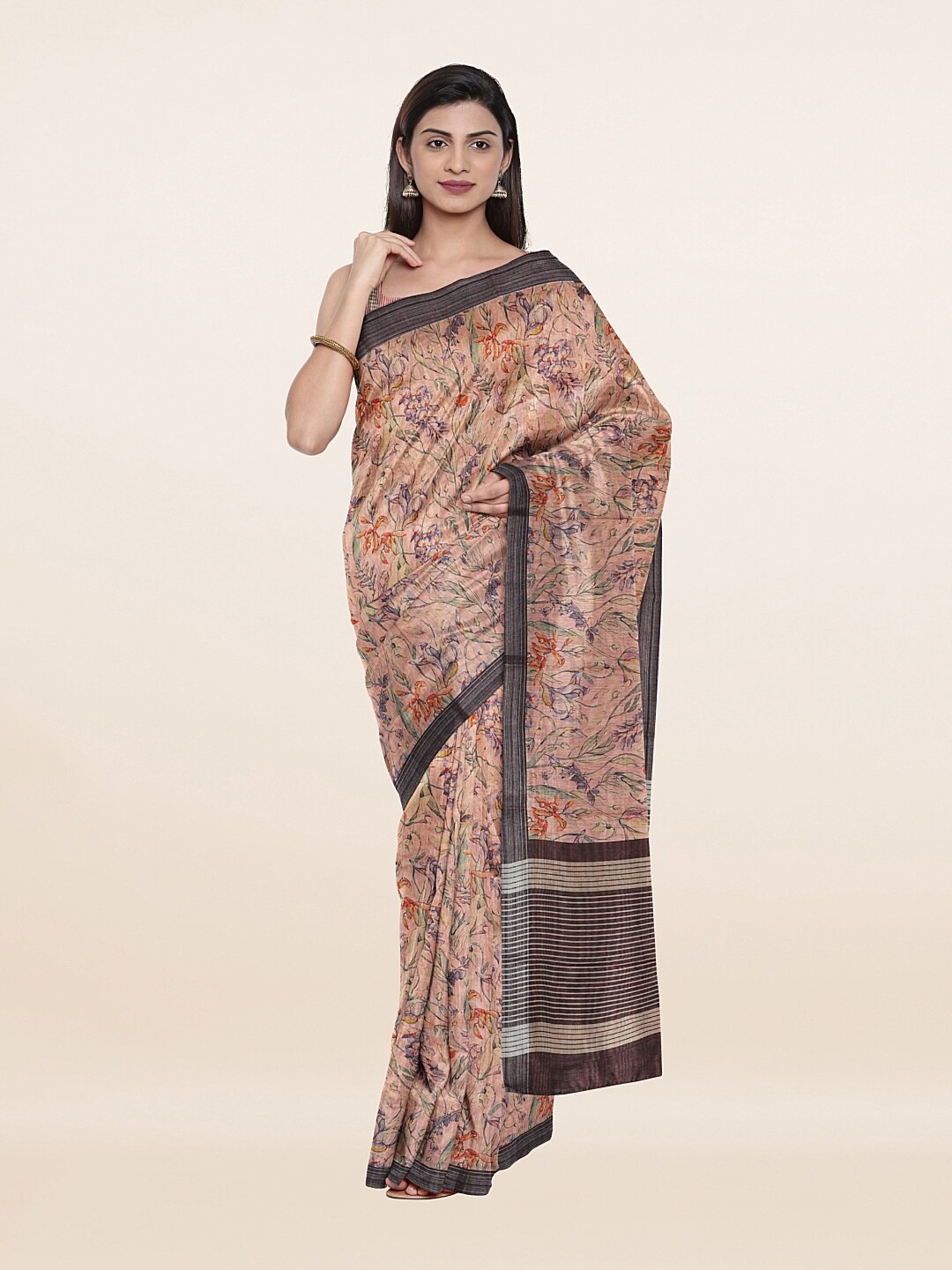 

Pothys Pink & Green Floral Zari Art Silk Saree