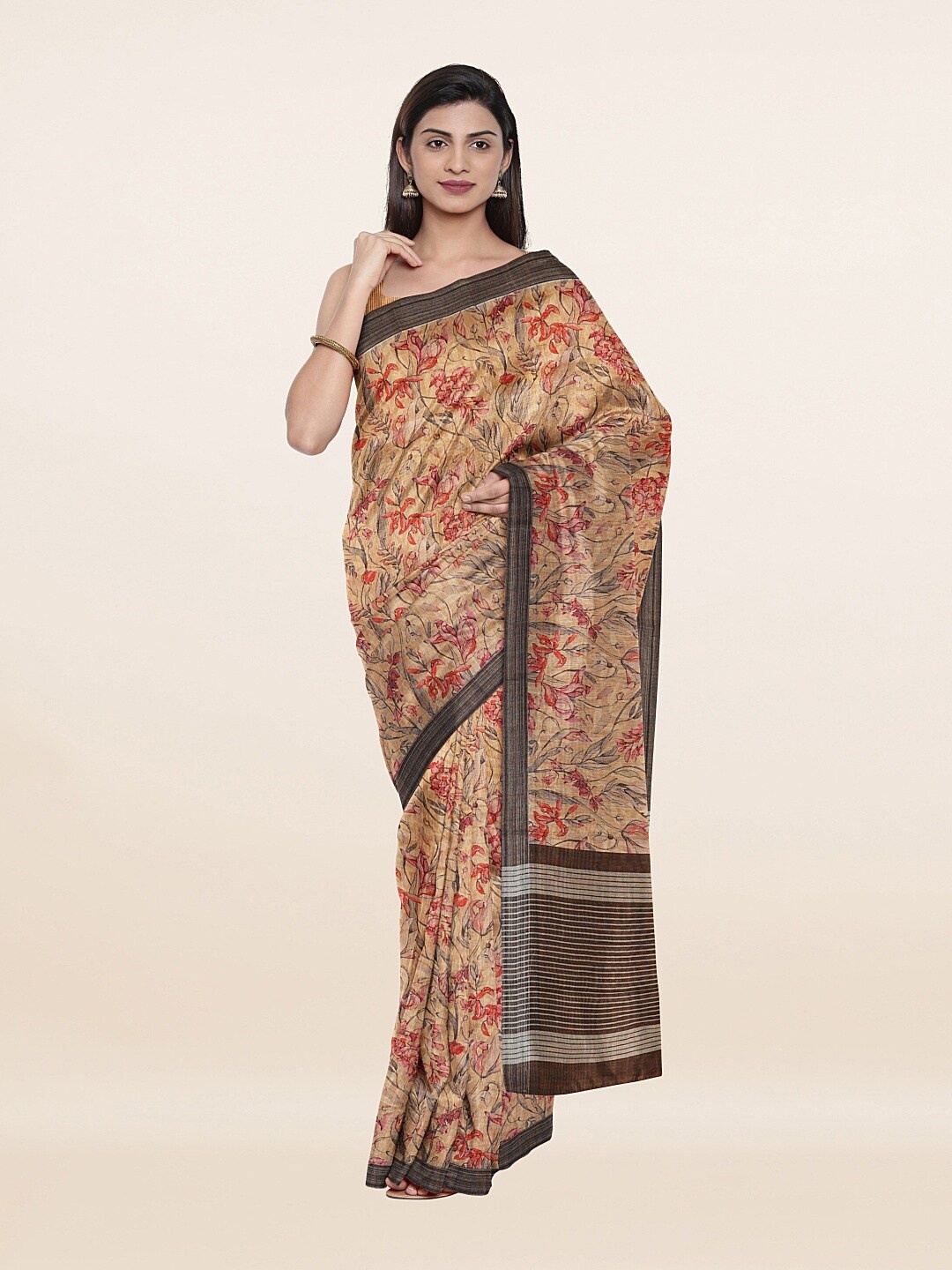 

Pothys Peach-Coloured & Grey Floral Zari Art Silk Saree