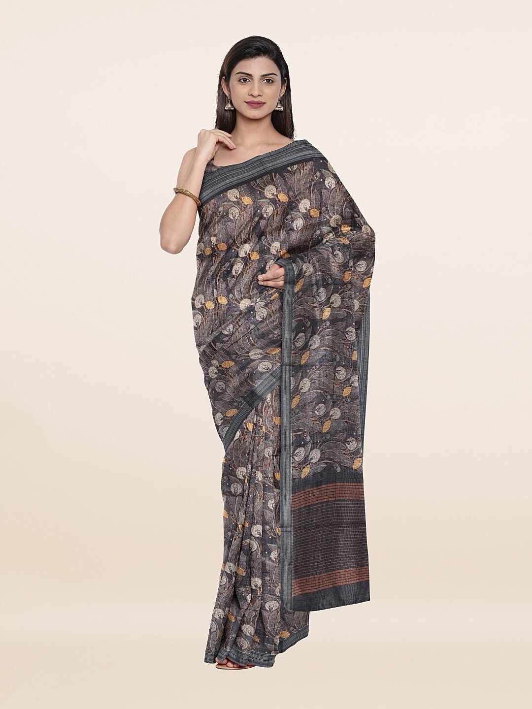 

Pothys Grey & Brown Floral Zari Art Silk Saree