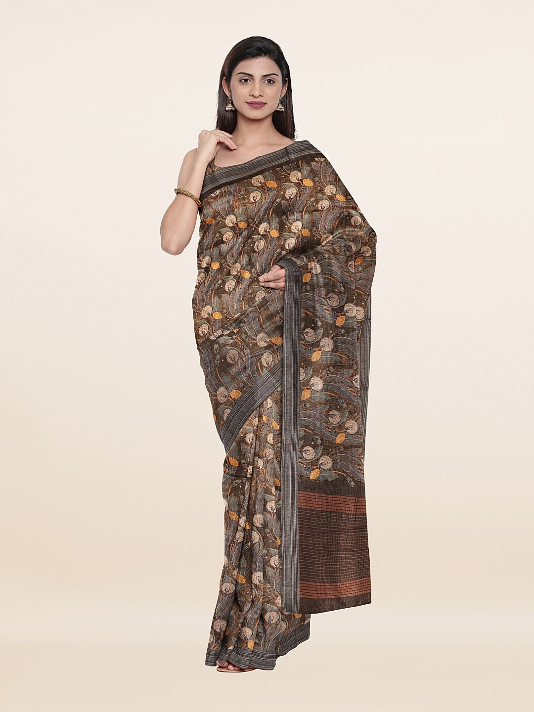 

Pothys Brown & Grey Floral Zari Art Silk Saree