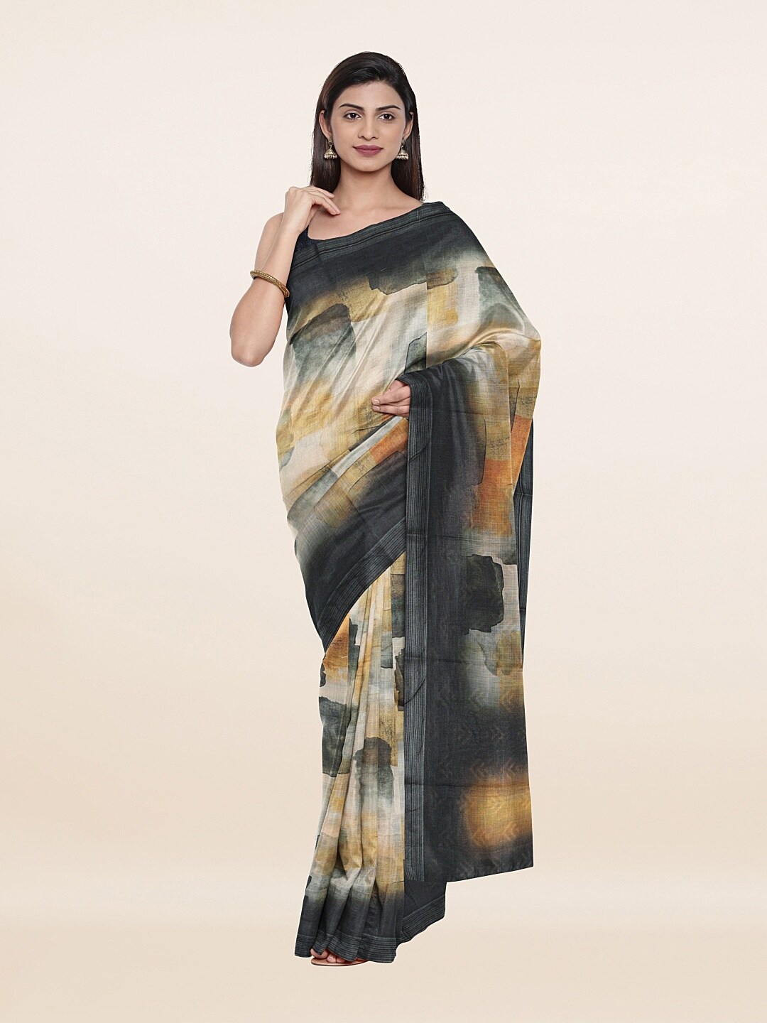 

Pothys Black & Orange Batik Zari Pure Linen Saree