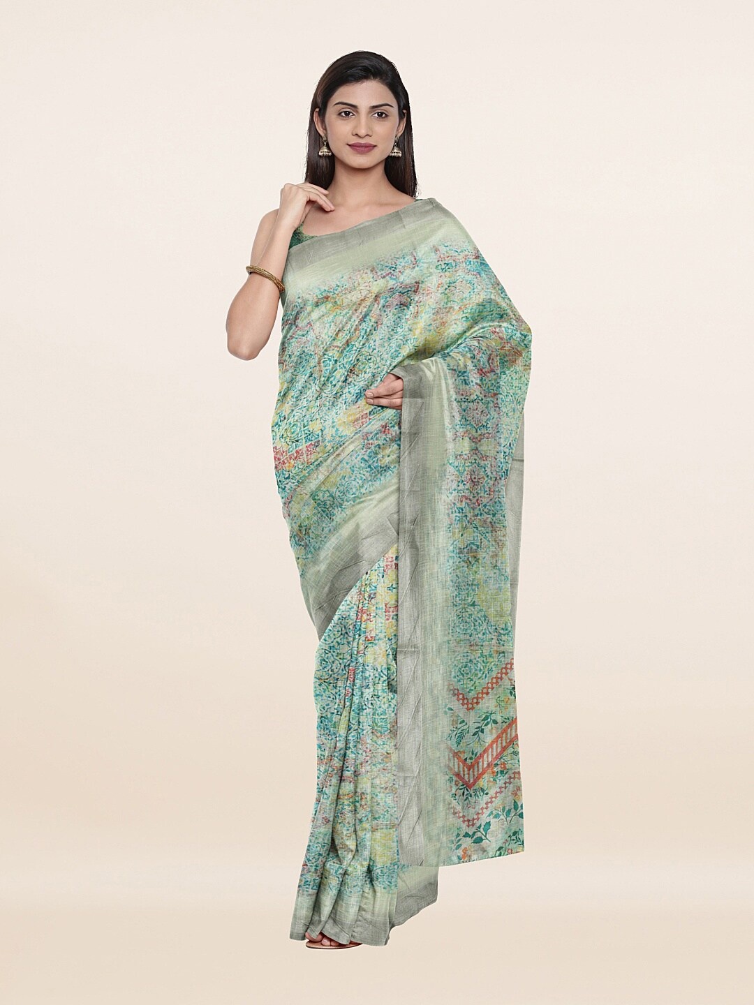 

Pothys Green & Blue Ethnic Motifs Zari Pure Linen Saree